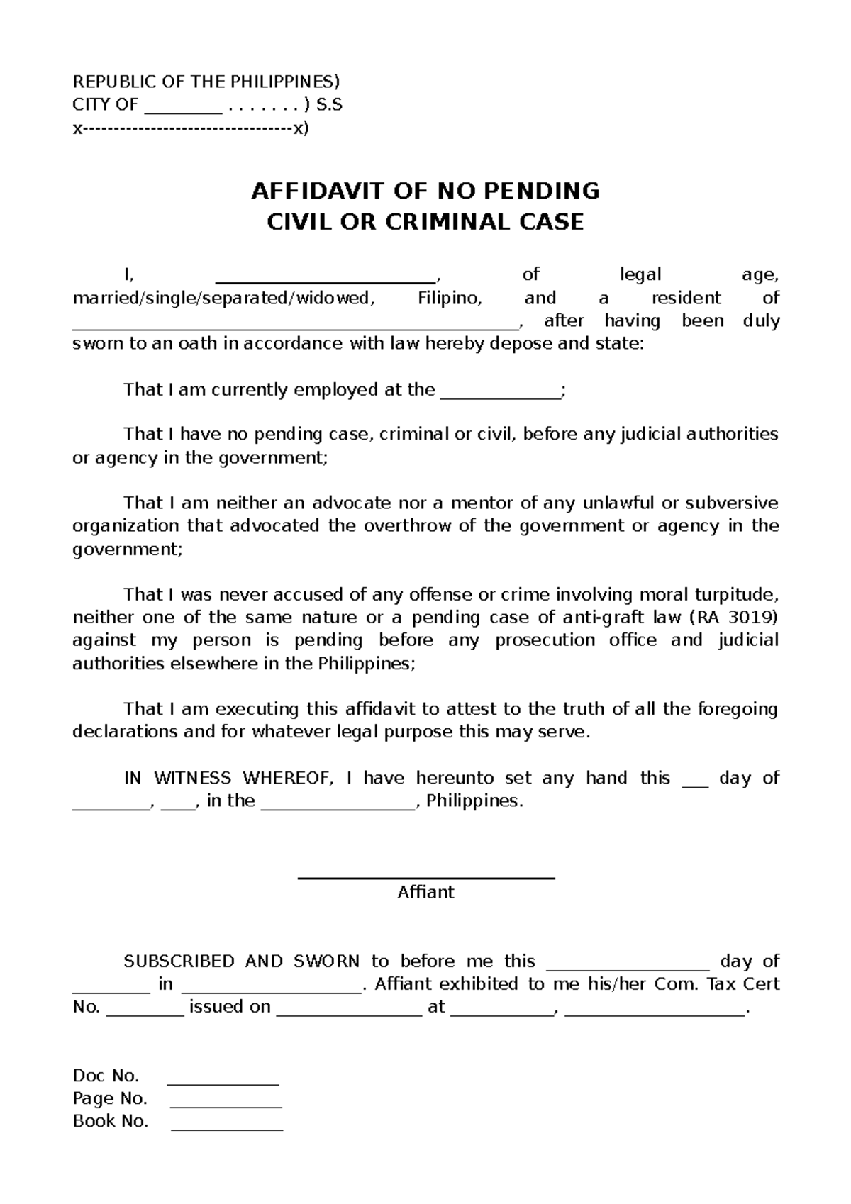 affidavit-of-no-pending-civil-of-cri-case-republic-of-the-philippines