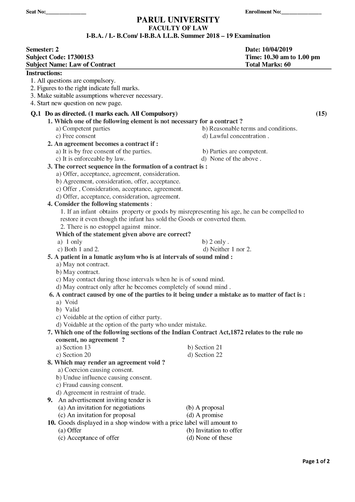 17300153 1127 Question Paper - Page 1 of 2 Seat No ...