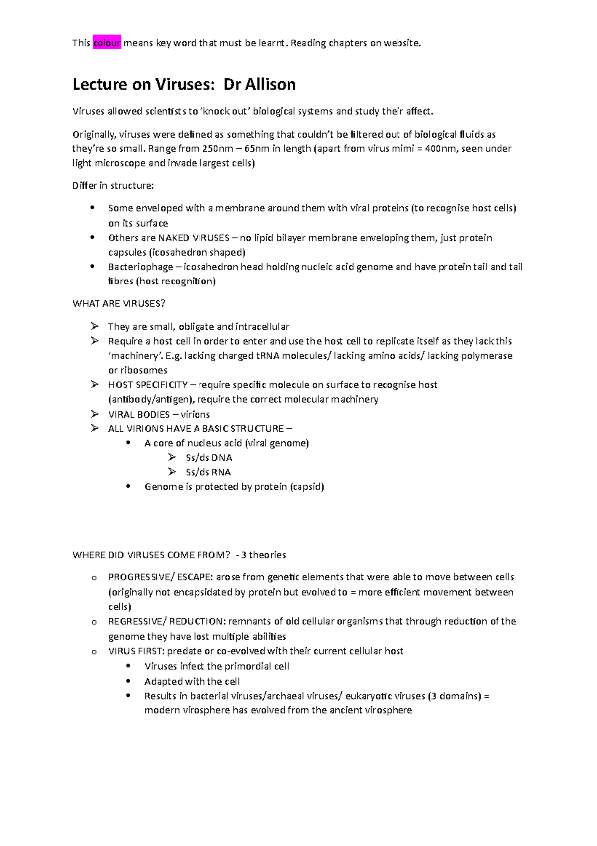 Viruses 101 - Lecture notes Dr Allison’s Viral Lectures - Lecture on ...