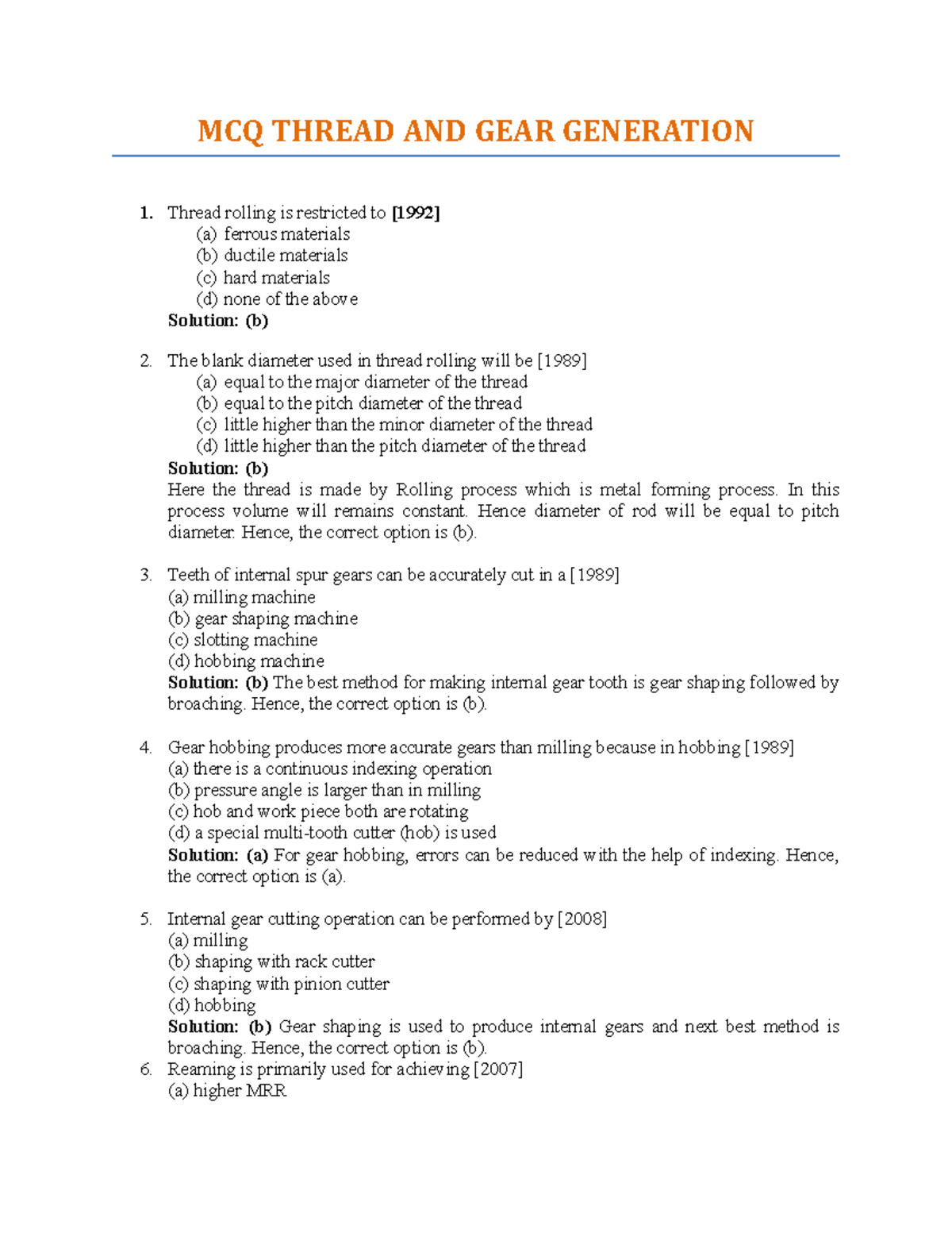 MCQ Thread AND GEAR Generation MCQ THREAD AND GEAR GENERATION 1