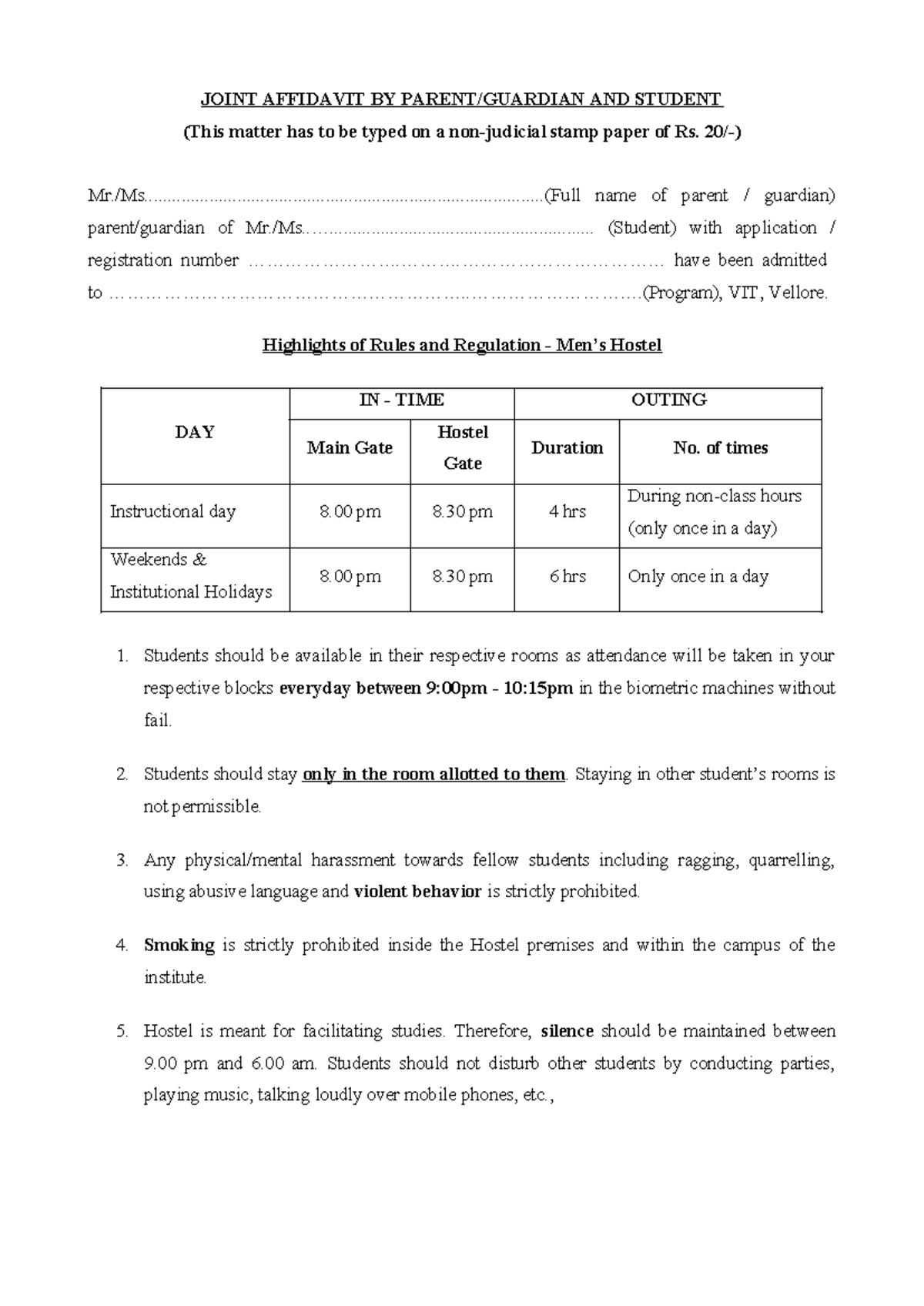 Affidavit VIT Vellore Hostel Affidavit Mens 2019 JOINT AFFIDAVIT