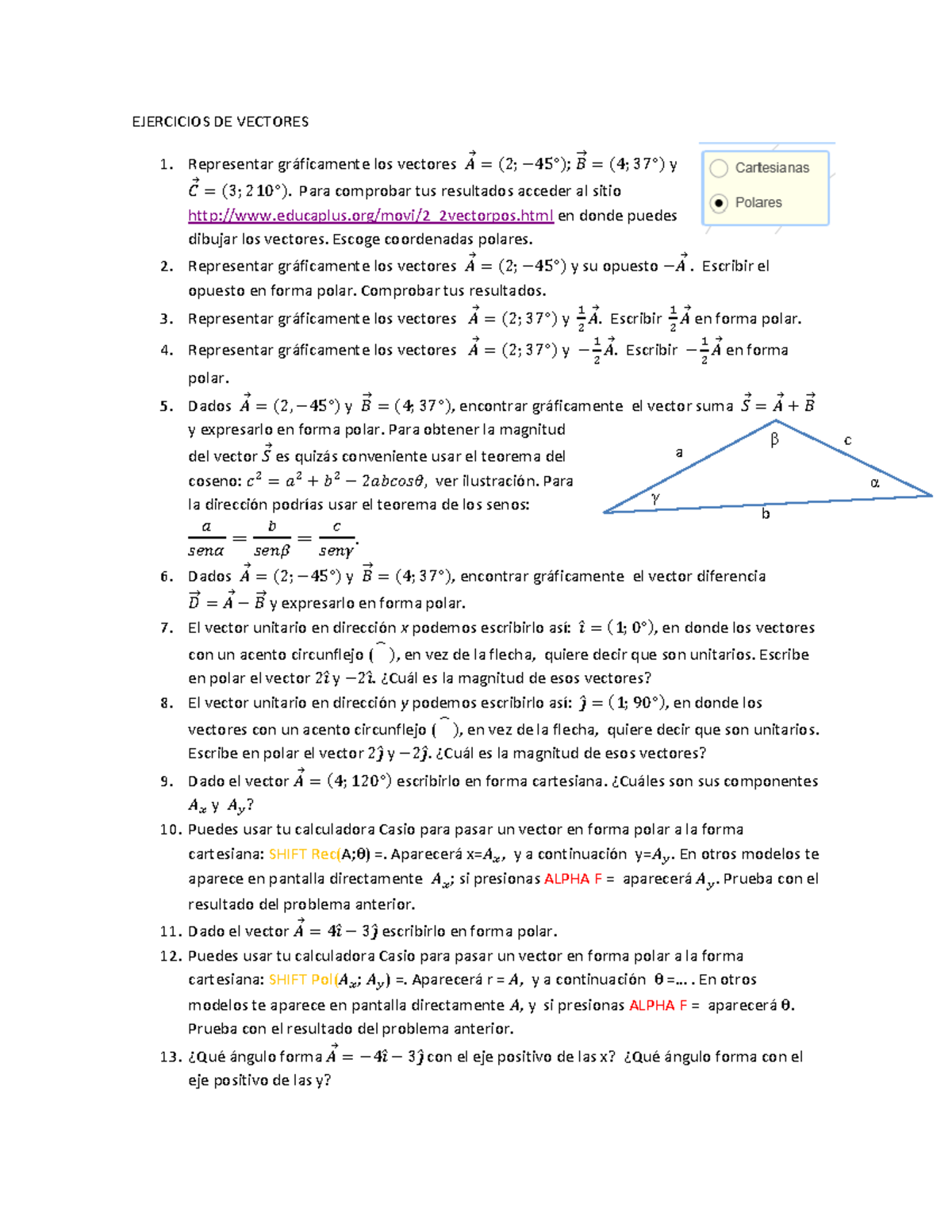 Physics Assignment Vectors - EJERCICIOS DE VECTORES Representar ...