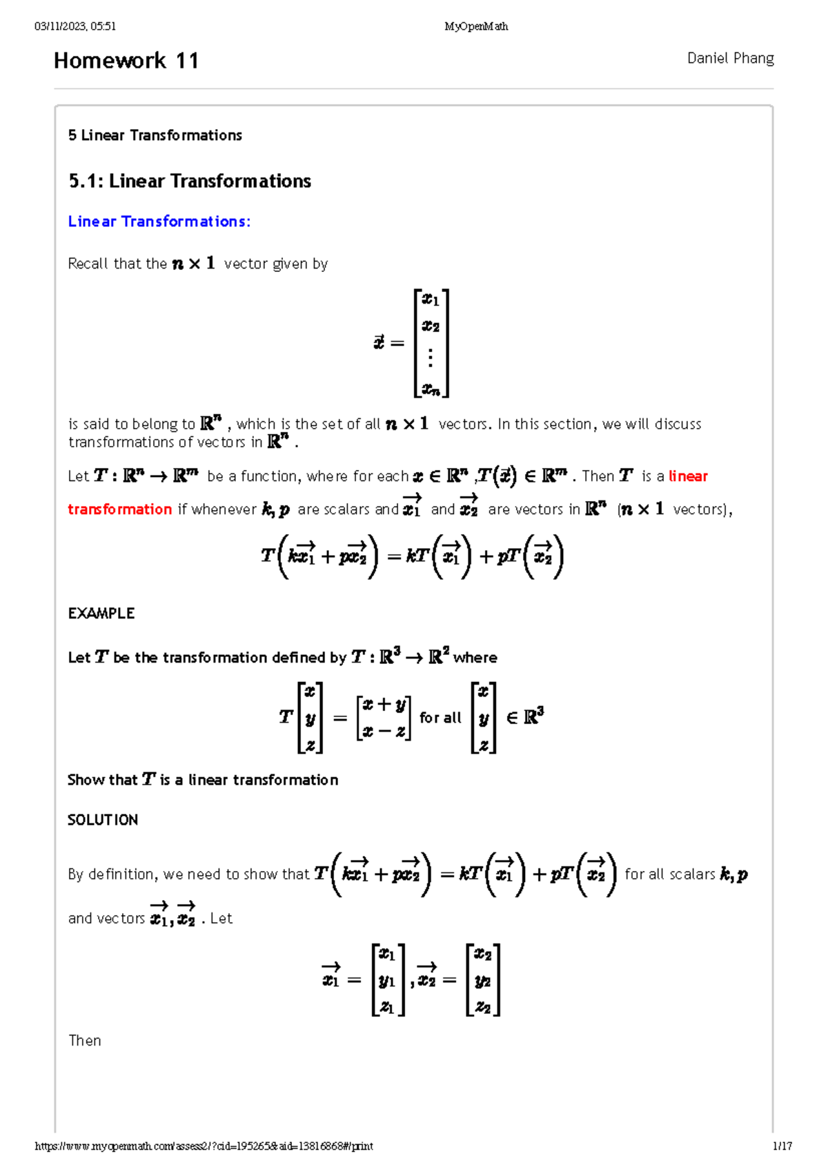 My Open Math M303 LA Homework 11 - Homework 11 Daniel Phang 5 Linear ...