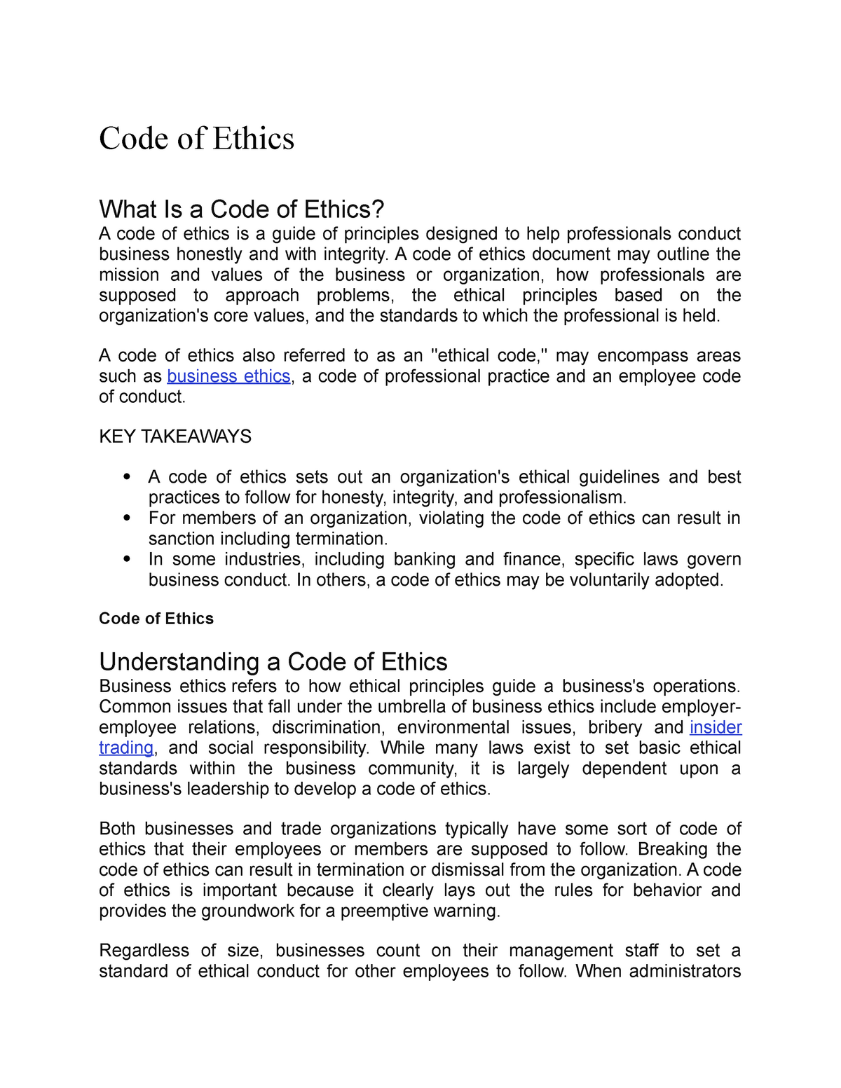 code of ethics essay introduction