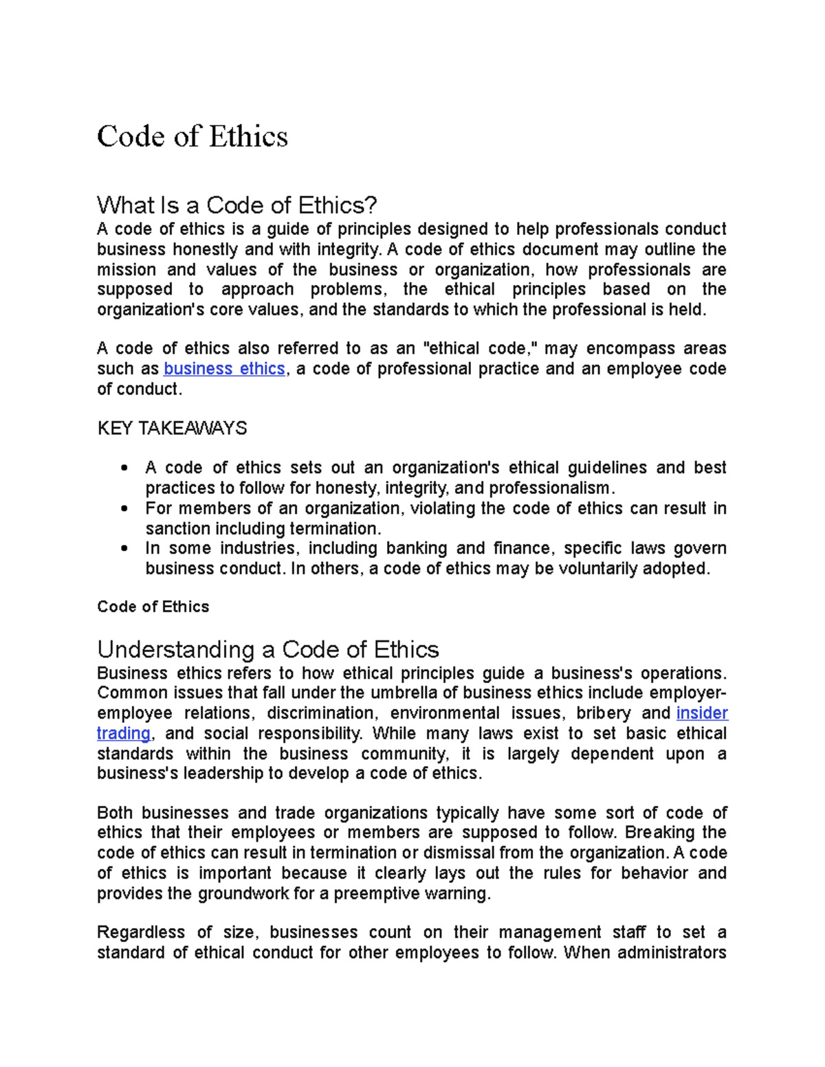 code of ethics essay introduction