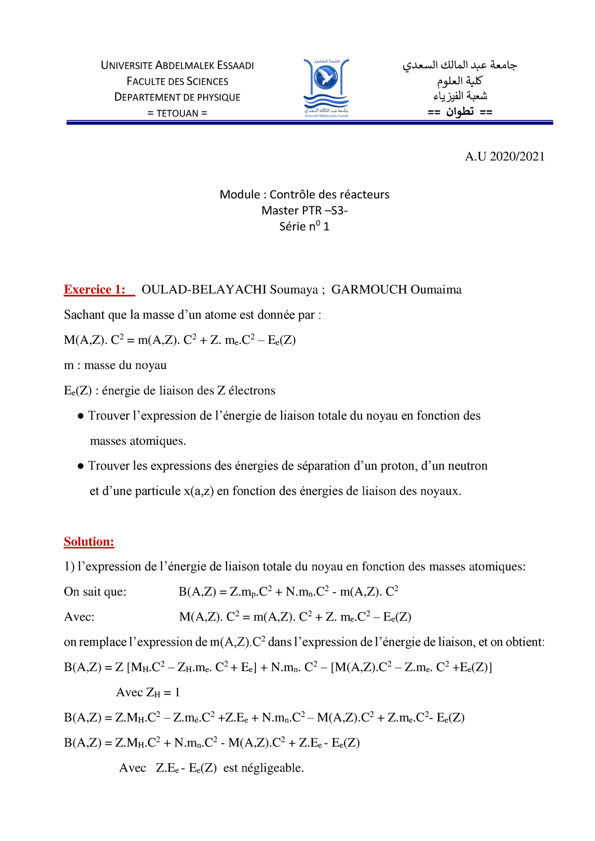 Corrigé Serie 1 - UNIVERSITE ABDELMALEK ESSAADI FACULTE DES SCIENCES ...