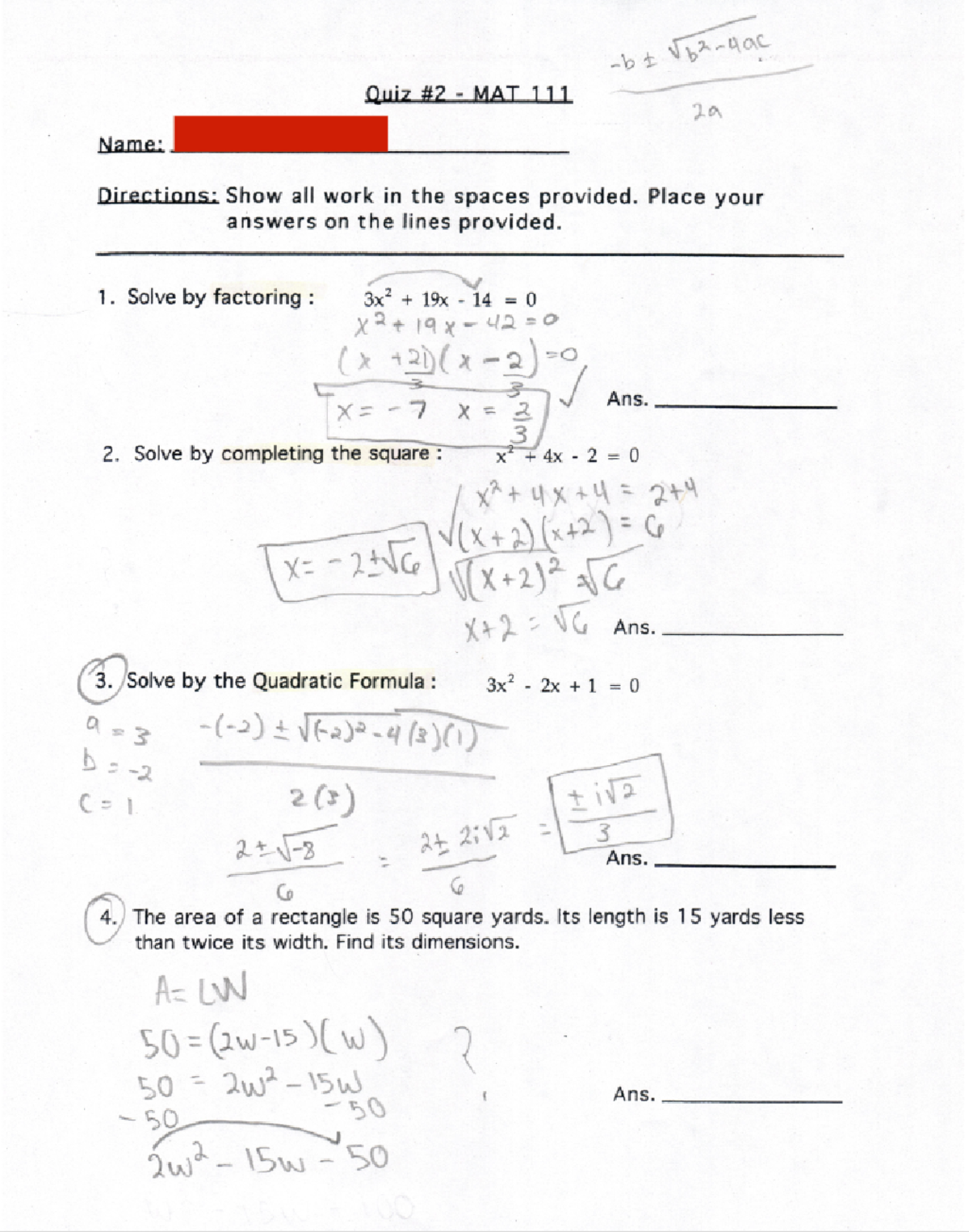 Hw 1 - algebra 2 hw assignment answers - Quiz MAT 2a Name: Directions ...