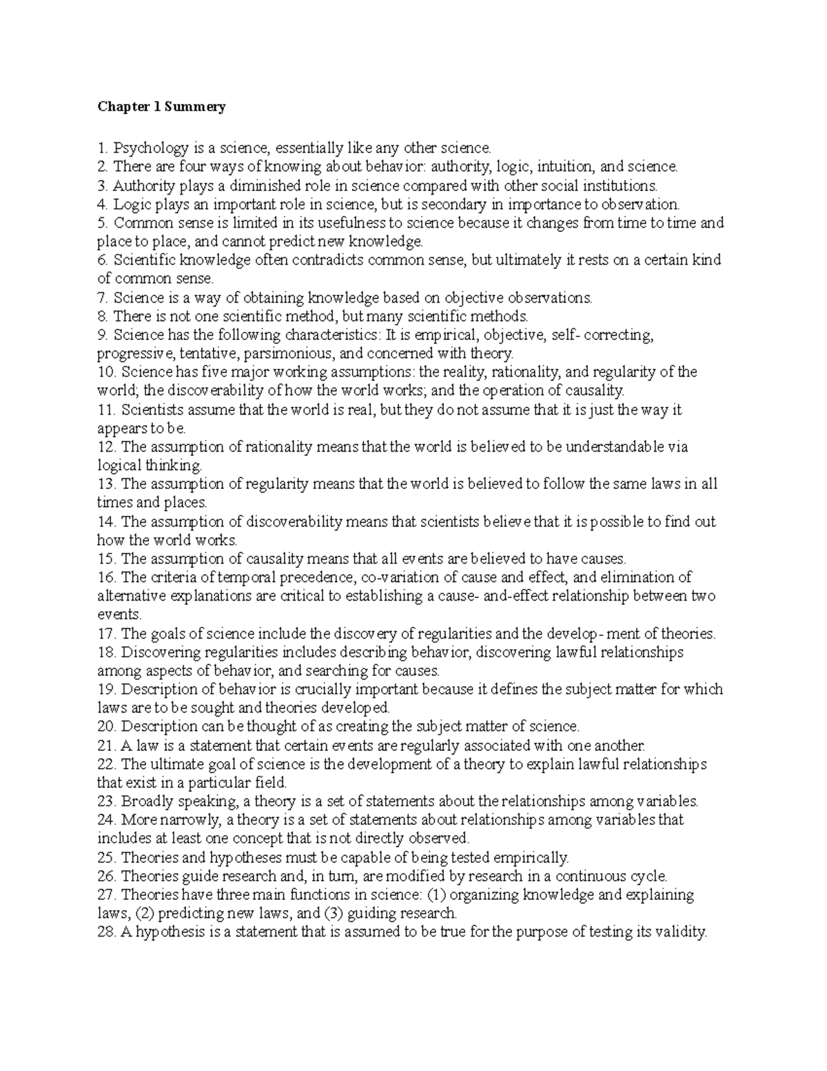 Chapter 1 Summary Chapter 1 Summery Psychology Is A Science