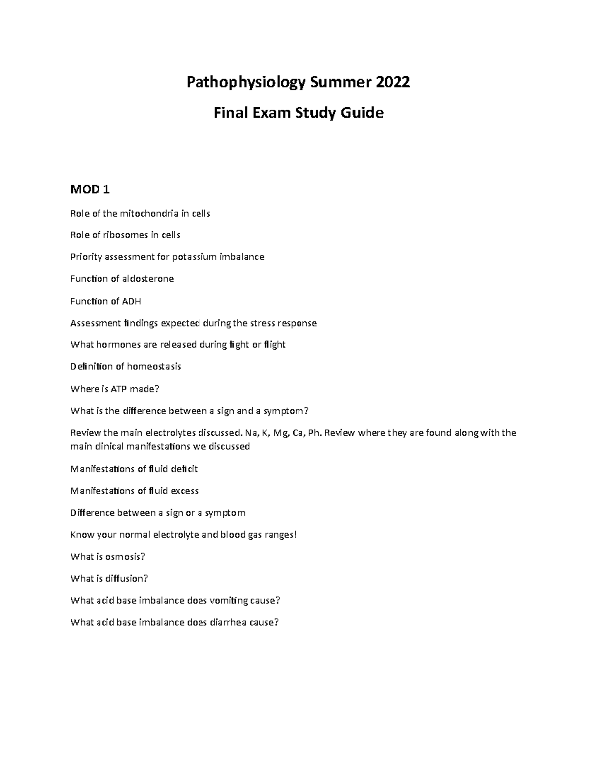 Pathophysiology Exam 3 Study Guide - Summer 2022 - Pathophysiology ...