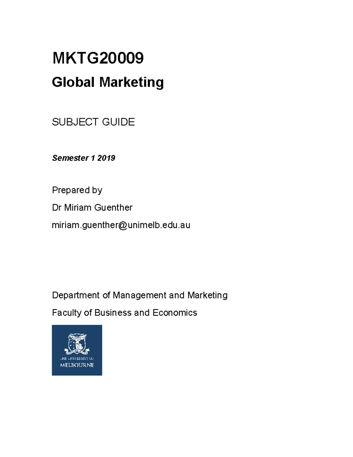 MKTG2000 9 Global Marketing Guide - MKTG20009 Global Marketing SUBJECT ...
