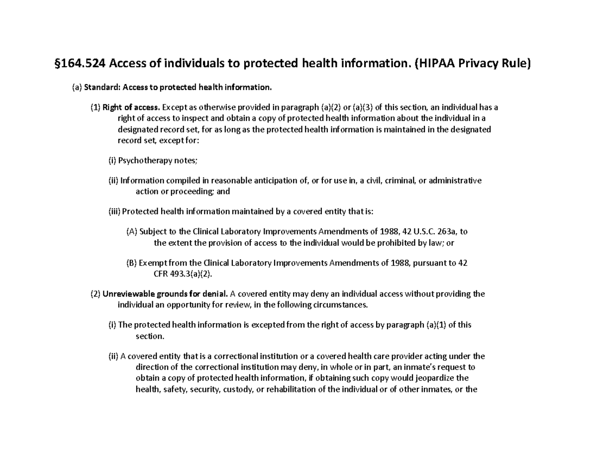 Hipaa Privacy Rule Access to PHI with Fee Information - §164 Access of ...