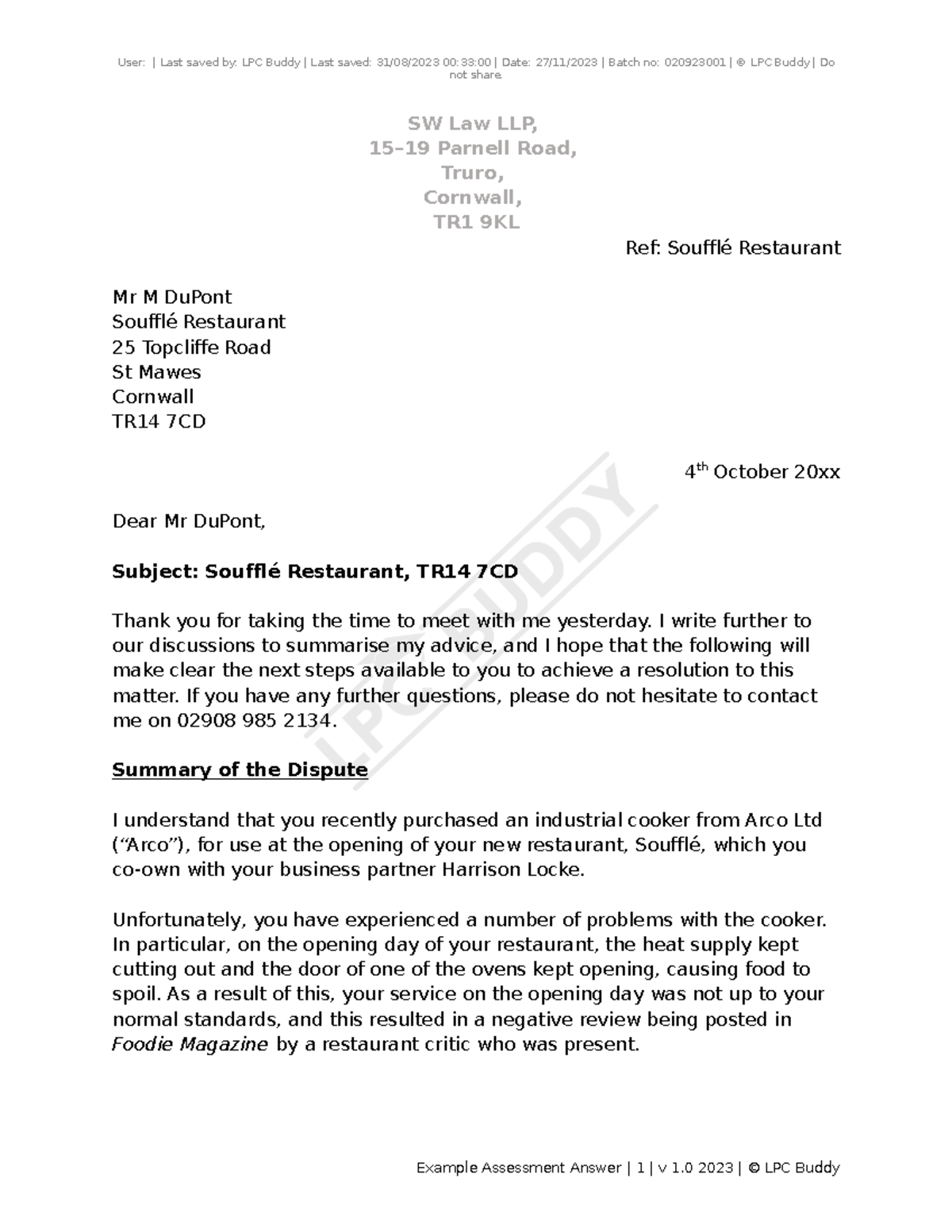 Example Assessment Answer not share. SW Law LLP, 1519 Parnell Road