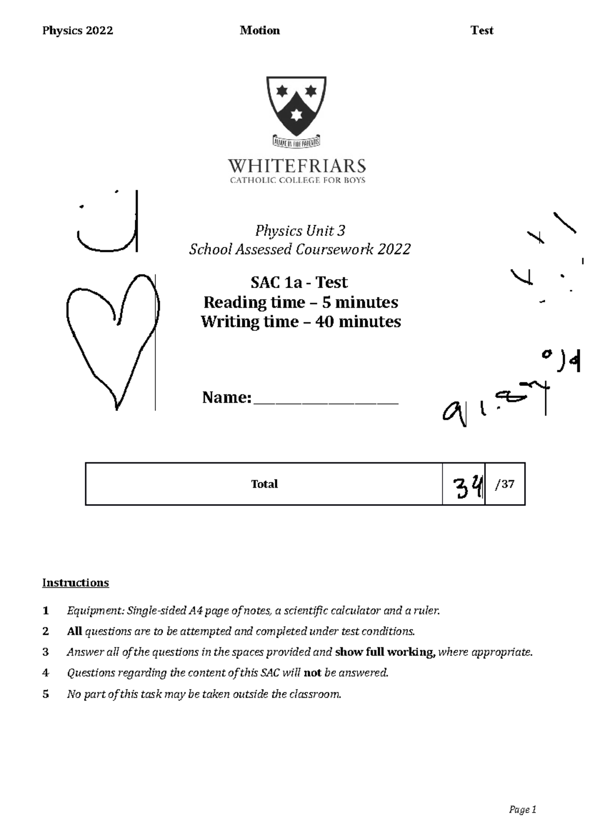 Physics Unit 3 - Test 1a (2022) - Physics Unit 3 School Assessed ...