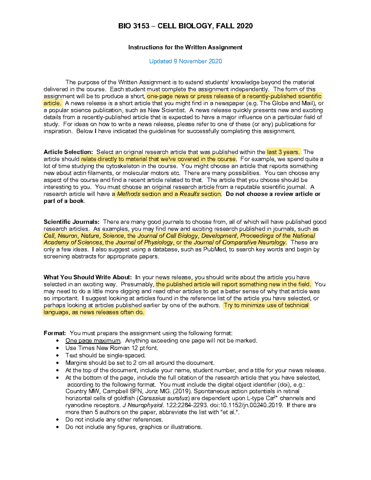 Instructions for the Written Assignment - BIO 3153 – CELL BIOLOGY, FALL ...