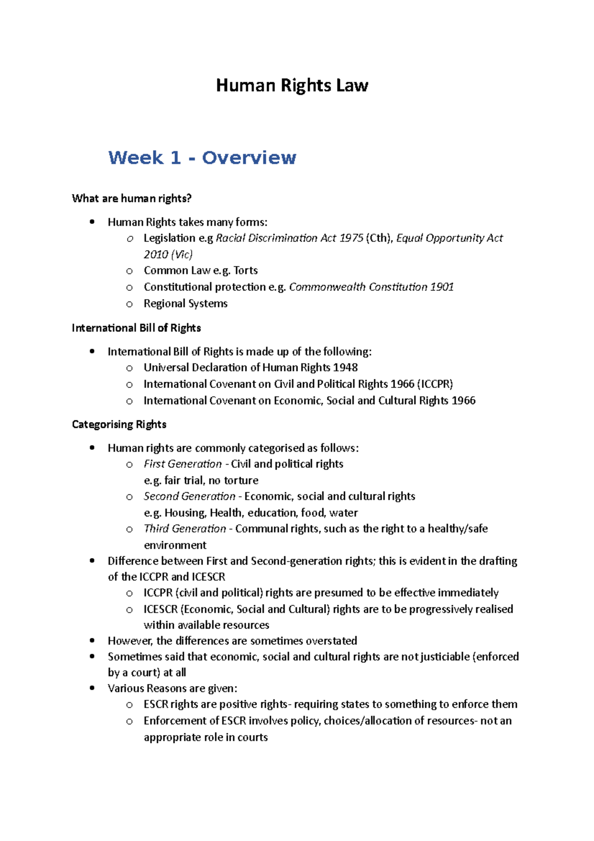 Human Rights Law Lecture Notes Human Rights Law Week 1 Overview What