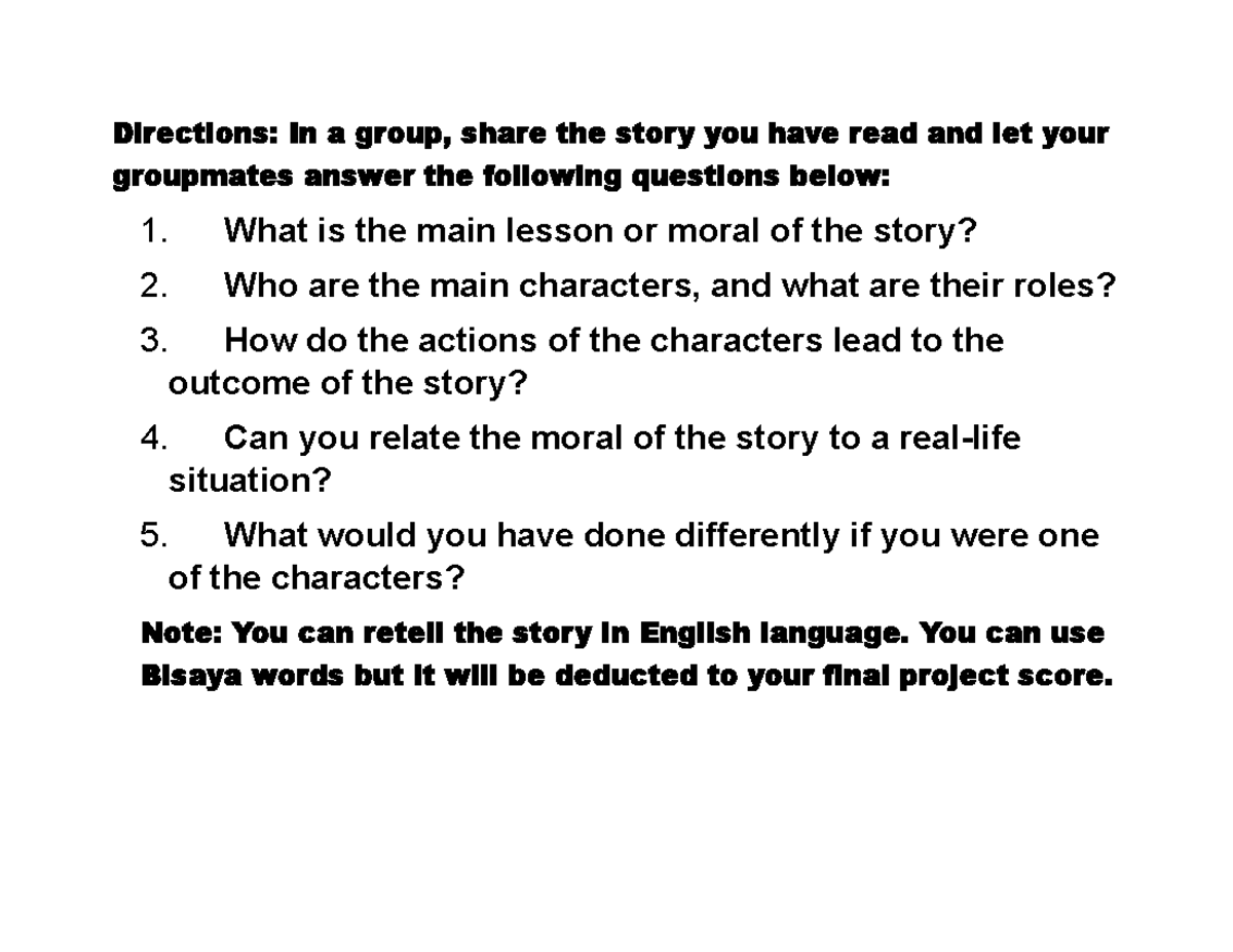 General Questions for Any Fable - Directions: In a group, share the ...