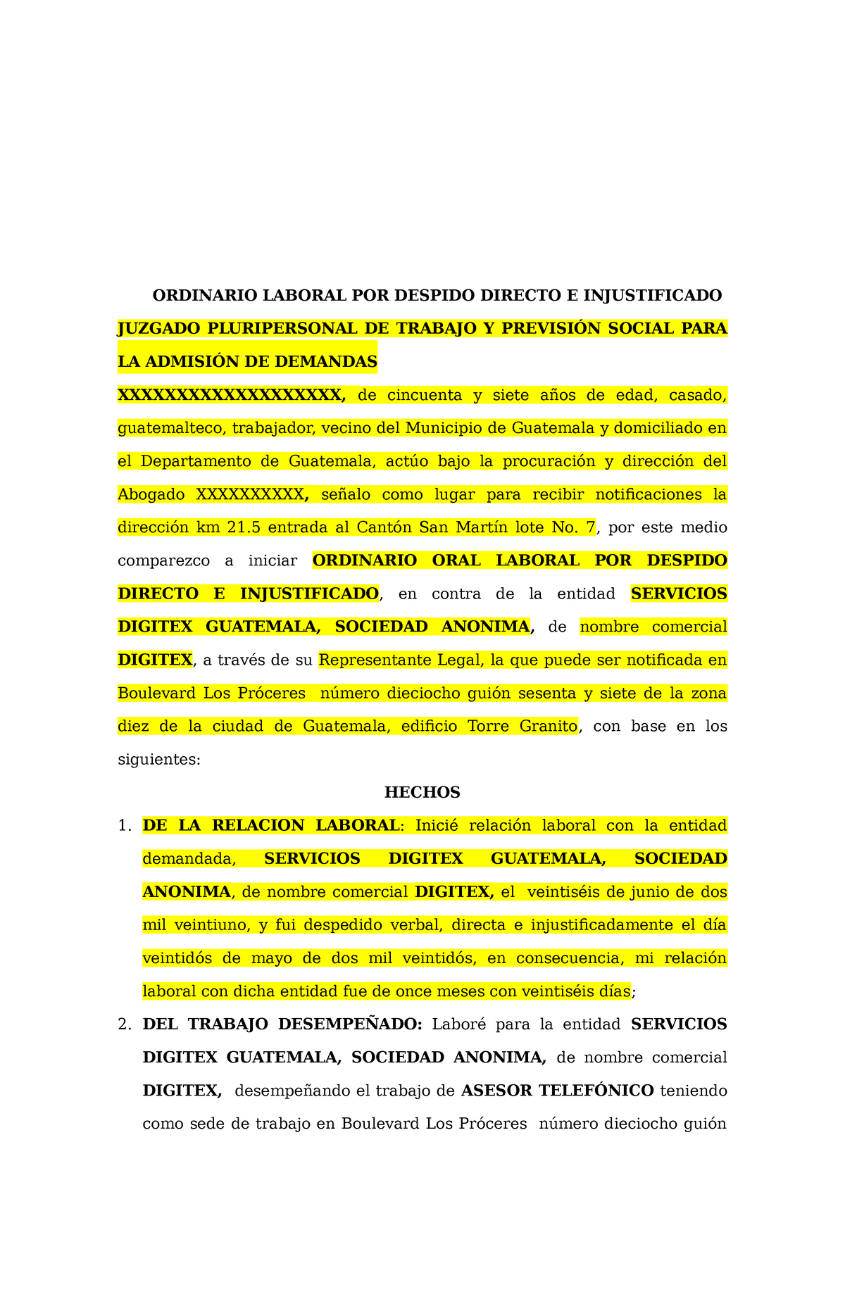 Demanda Laboral POR Despido Directo E Injustificado - ORDINARIO LABORAL ...