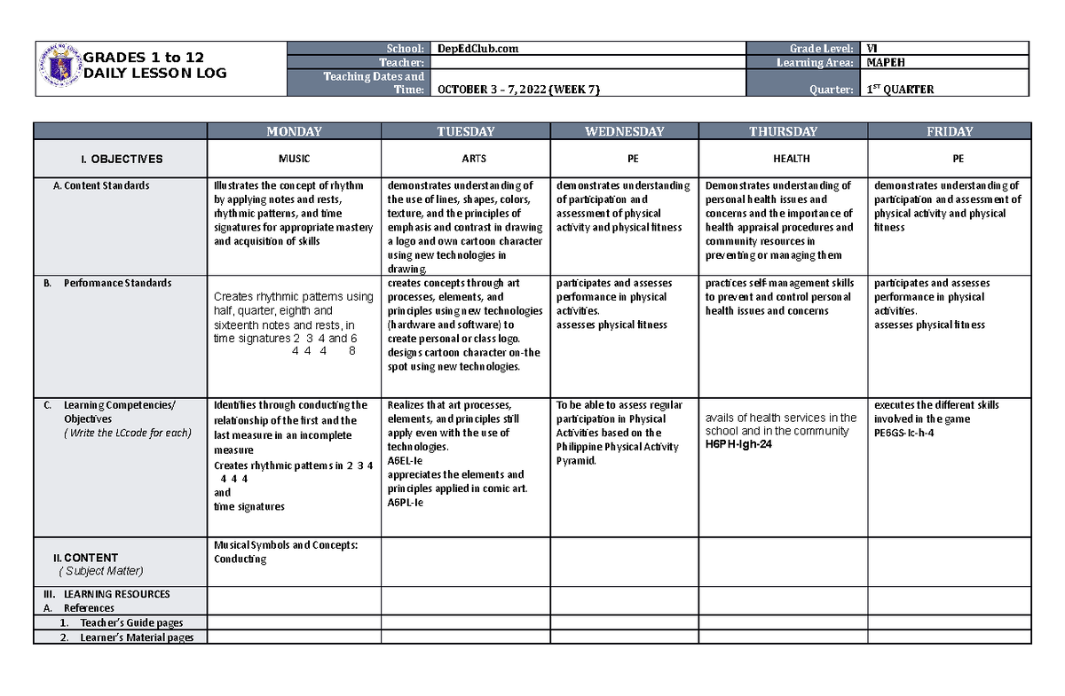 DLL Mapeh 6 Q1 W7 - Teaching - GRADES 1 To 12 DAILY LESSON LOG School ...