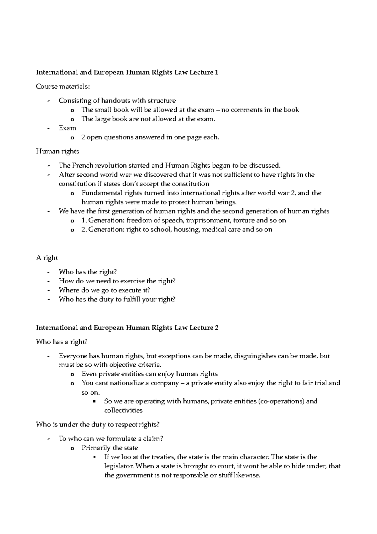 International and European Human Rights Law Lectures - Exam o 2 open ...