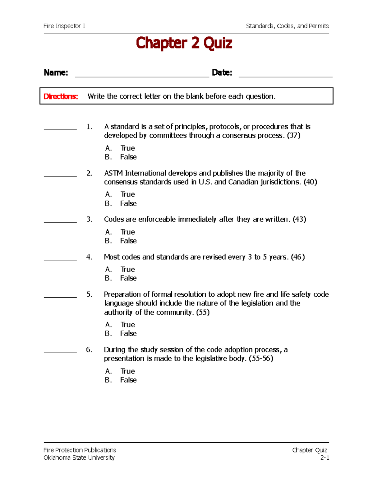 Chapter 02 Quiz - Fire - Fire Inspector I Standards, Codes, And Permits ...