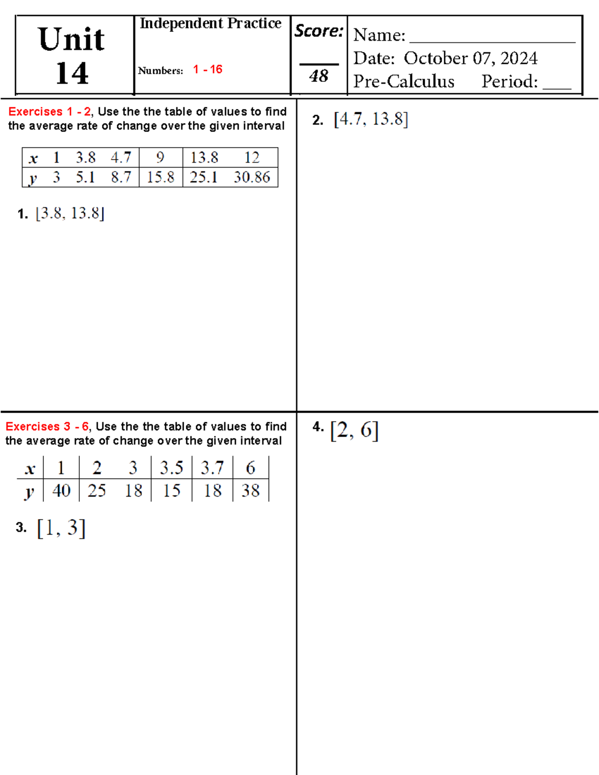 14 Pre Cal Unit 14 Independent Practice - Score: Unit 14 48 Name ...