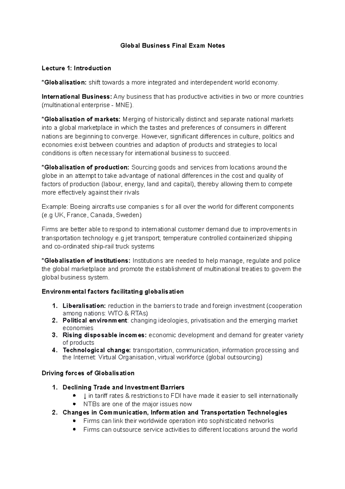 Final exam summary - Global Business Final Exam Notes Lecture 1 ...