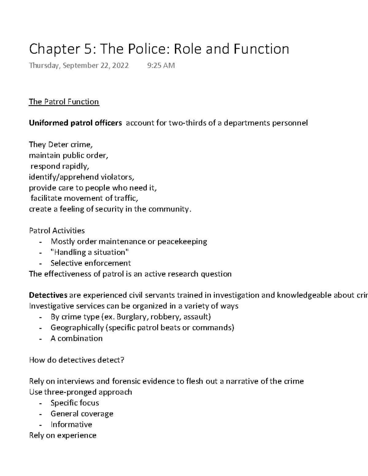 Chapter 5 The Police Role and Function - The Patrol Function Uniformed ...
