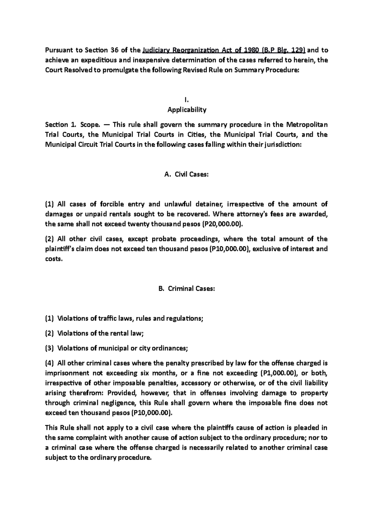 Revised Rules On Summary Procedure - Pursuant To Section 36 Of The ...