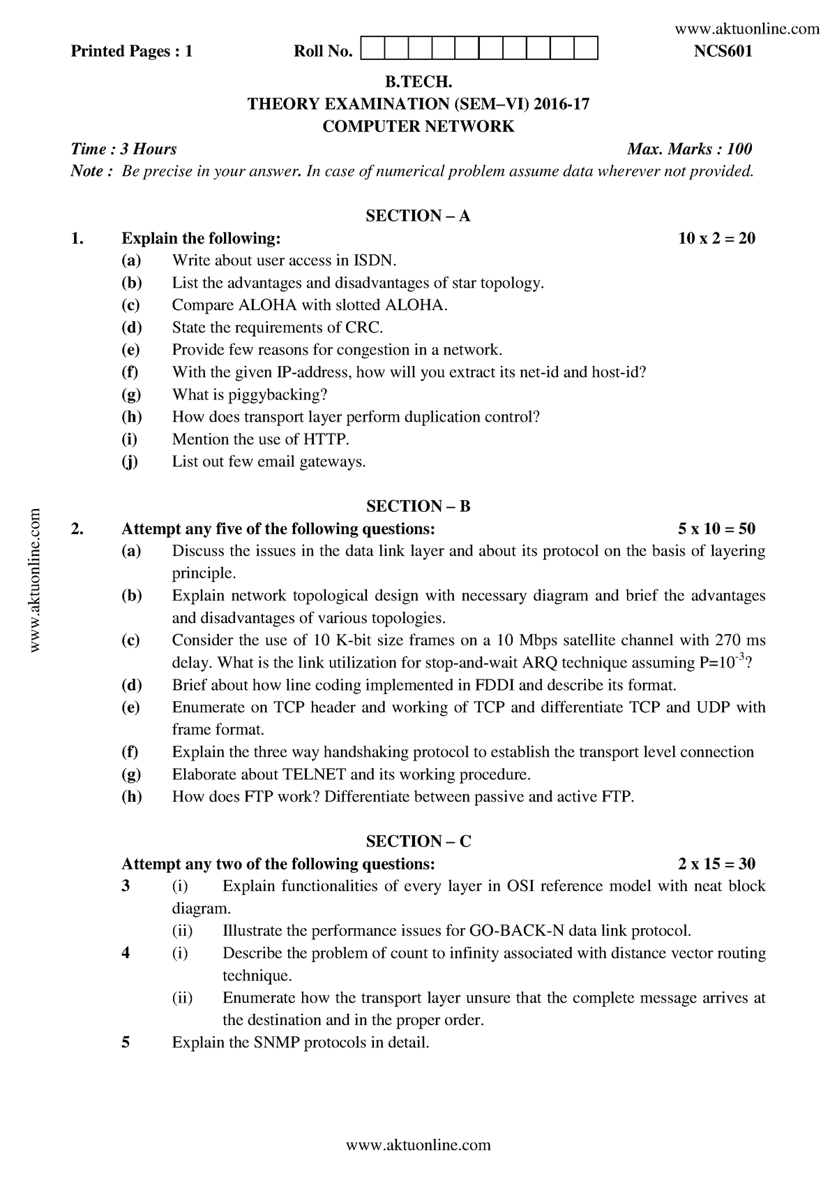 Btech Cs 6 Sem Computer Network Ncs 601 2017 - Printed Pages : 1 Roll ...