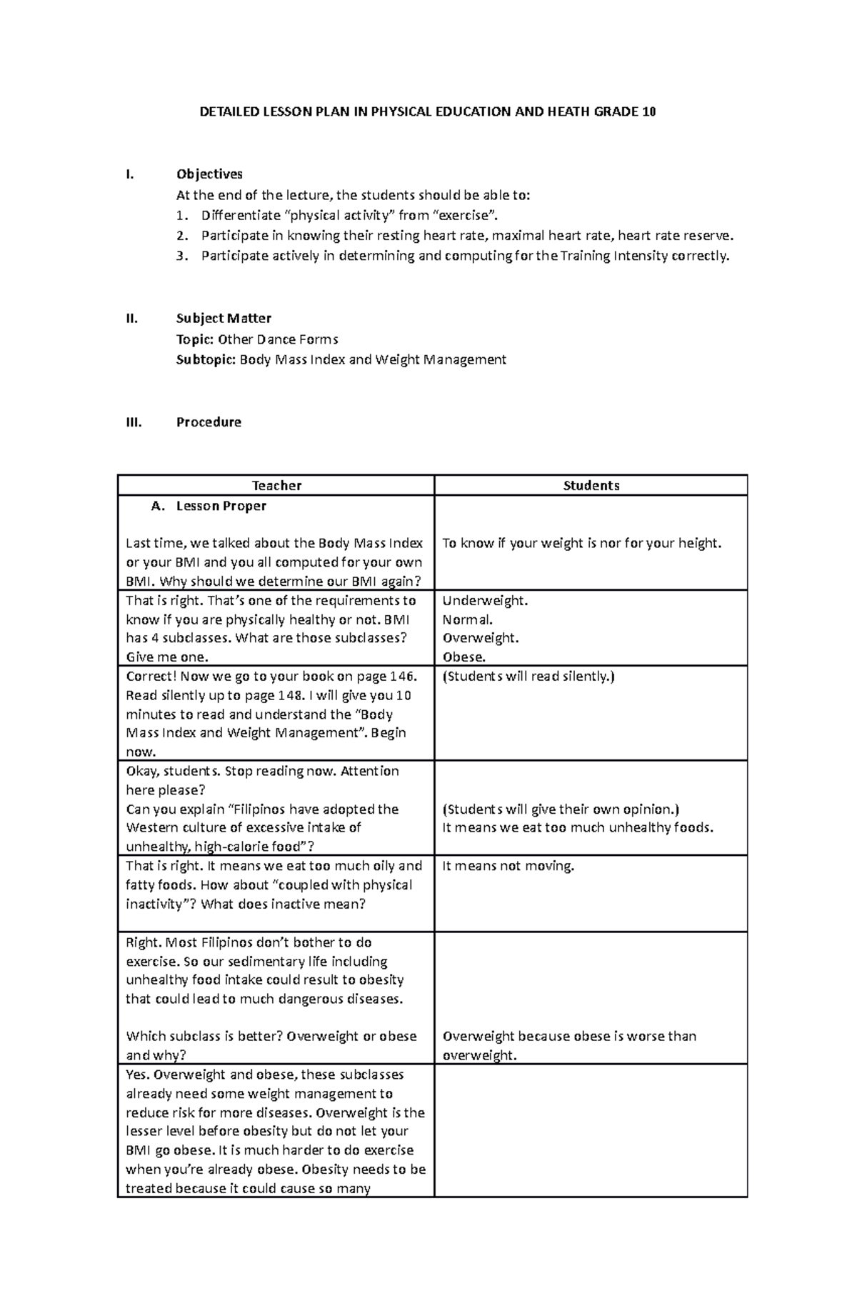 Detailed Lesson Plan In Physical Education Grade 9 2nd Quarter