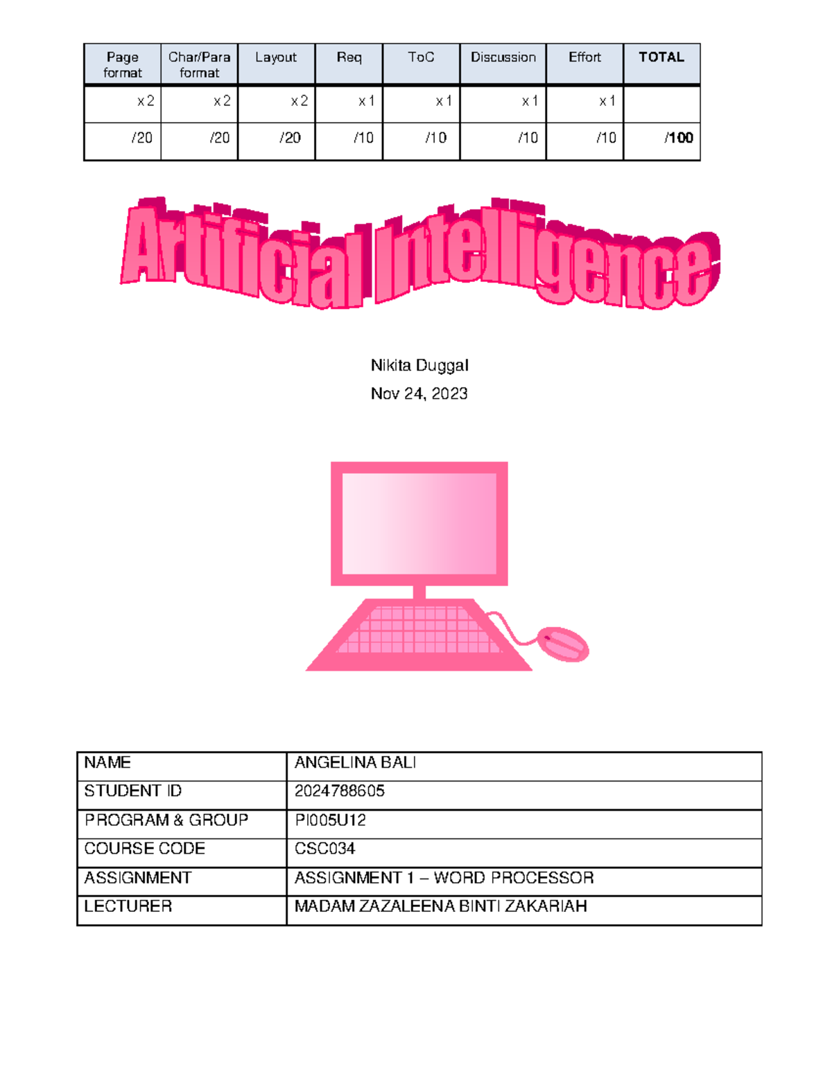 Word Processor Assignment - Nikita Duggal Nov 24, 2023 Page format Char ...
