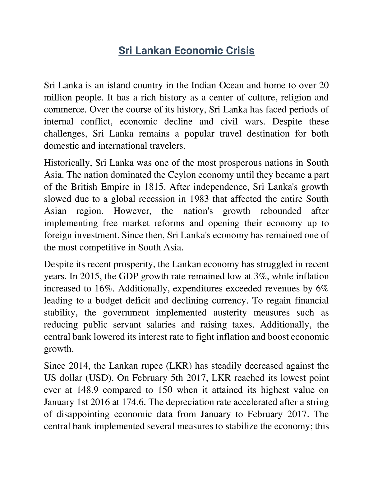 economic crisis in sri lanka essay in tamil