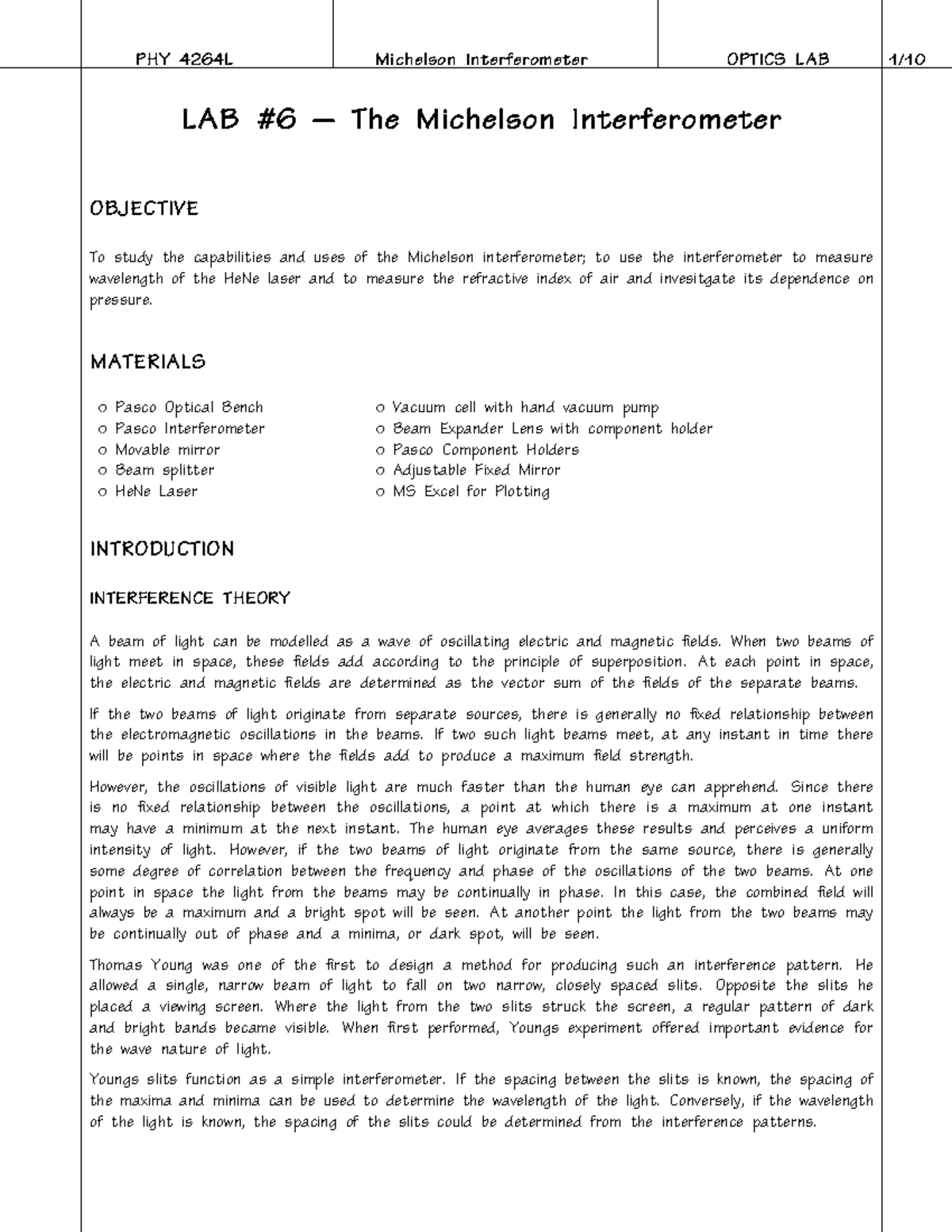 Lab Michelson - LAB #6 – The Michelson Interferometer OBJECTIVE To ...