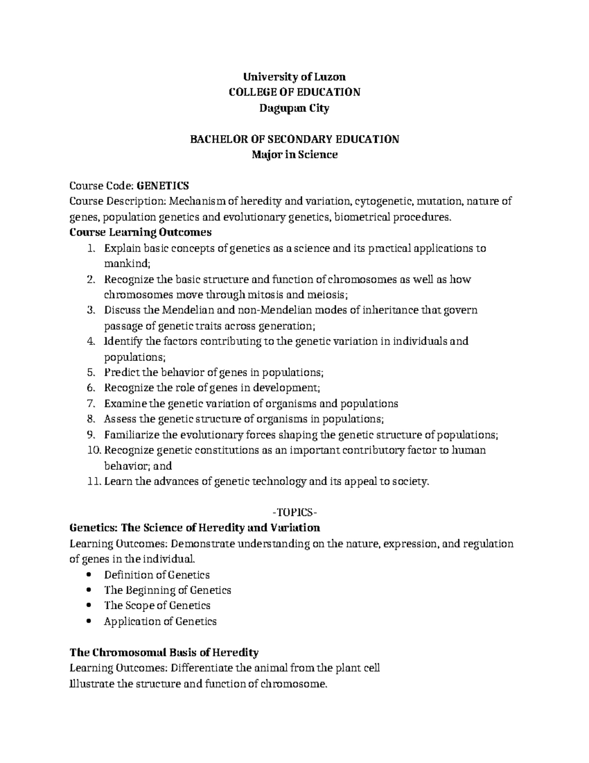 Genetics - Reference Material - University of Luzon COLLEGE OF ...