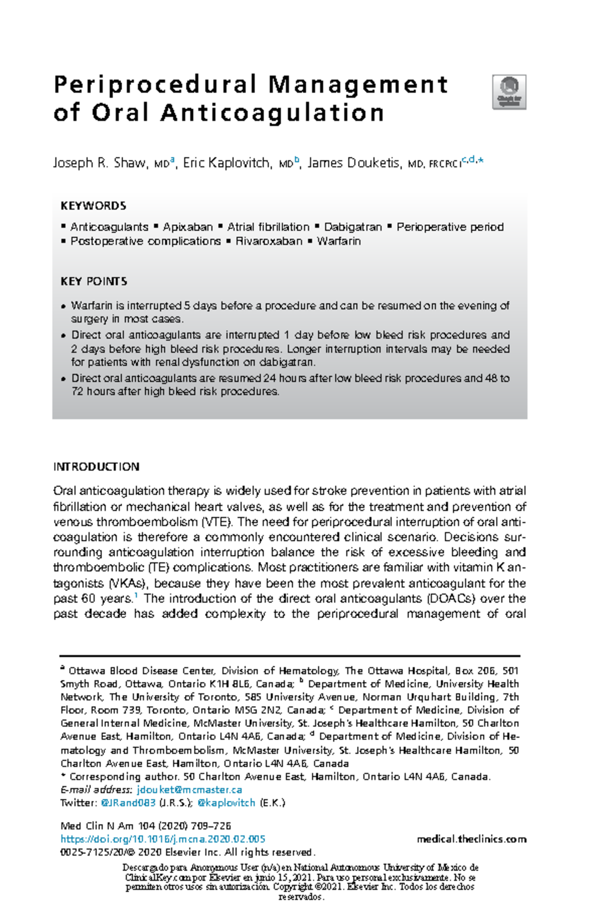 Periprocedural Management of Oral Anticoagulation - 2020 - Shaw ...