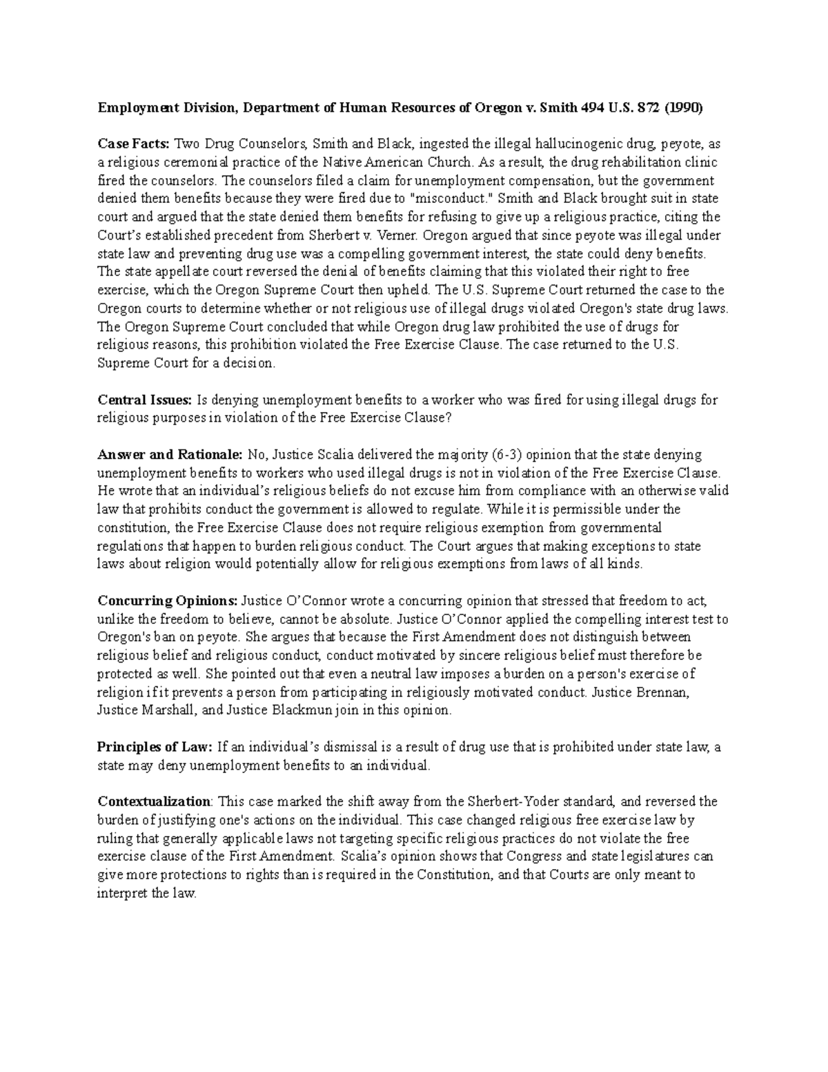 Employment Division v. Smith Employment Division, Department of Human