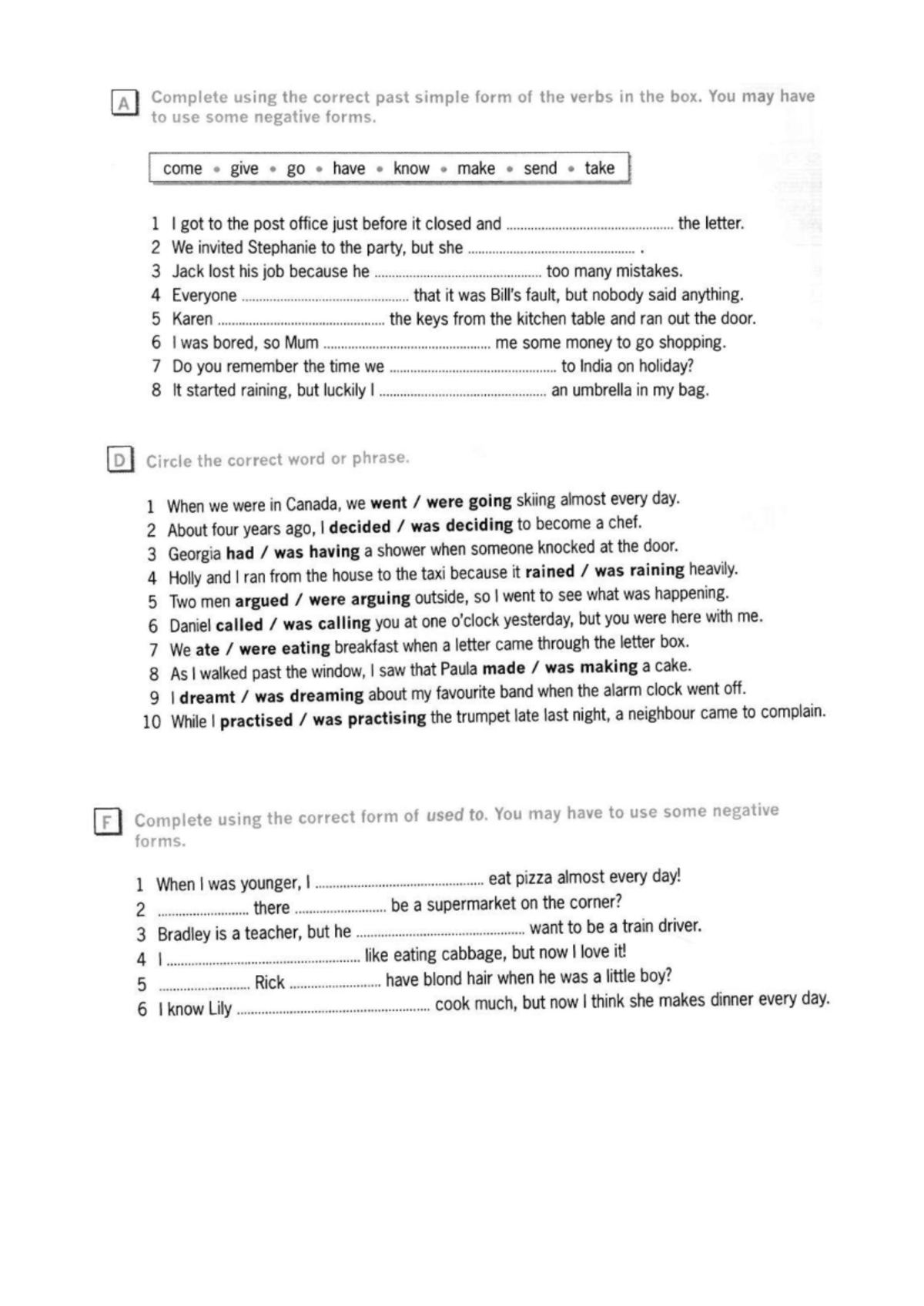 Past S continuous Used to Homework - A Complete using the correct past ...