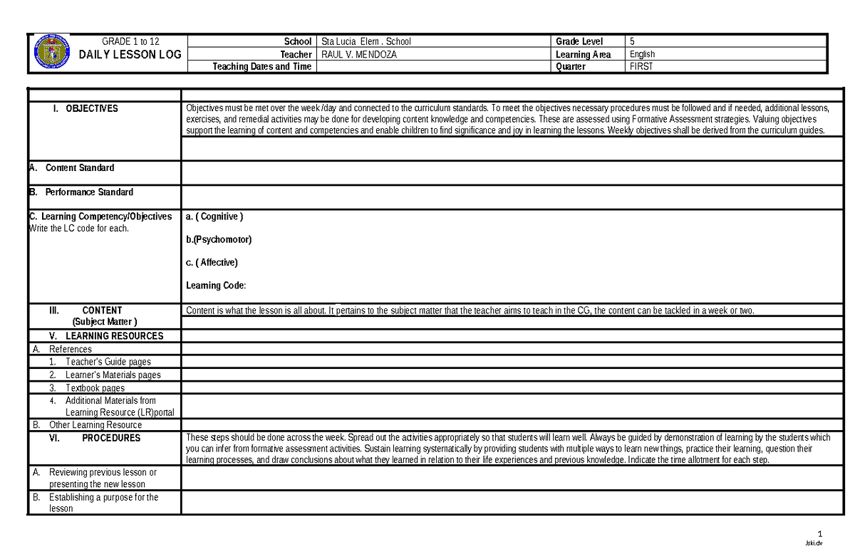 Sample-DLL- Format-SIR-RAUL - GRADE 1 to 12 DAILY LESSON LOG School Sta ...