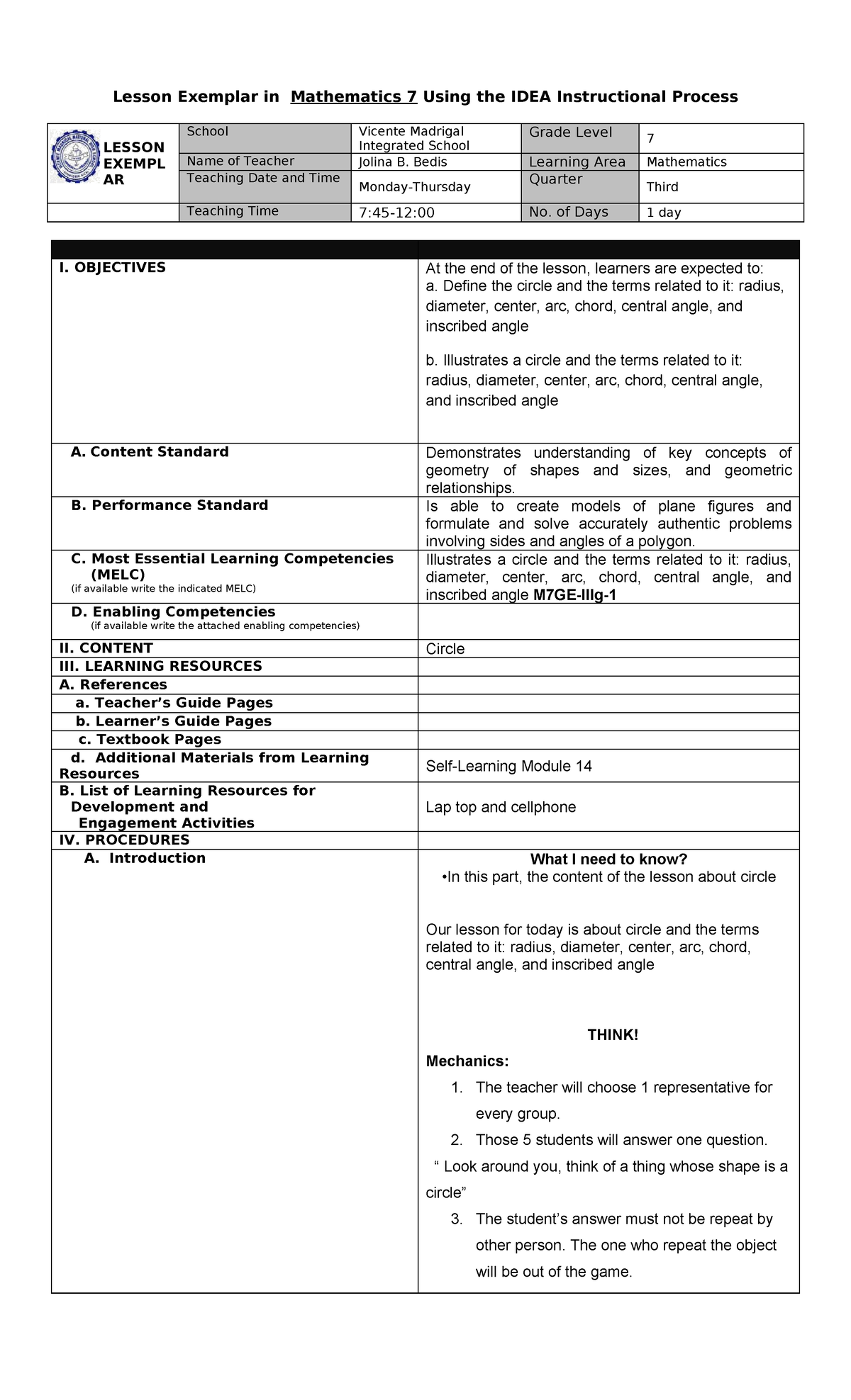 Exemplar-Math-7- Circle - Lesson Exemplar in Mathematics 7 Using the ...