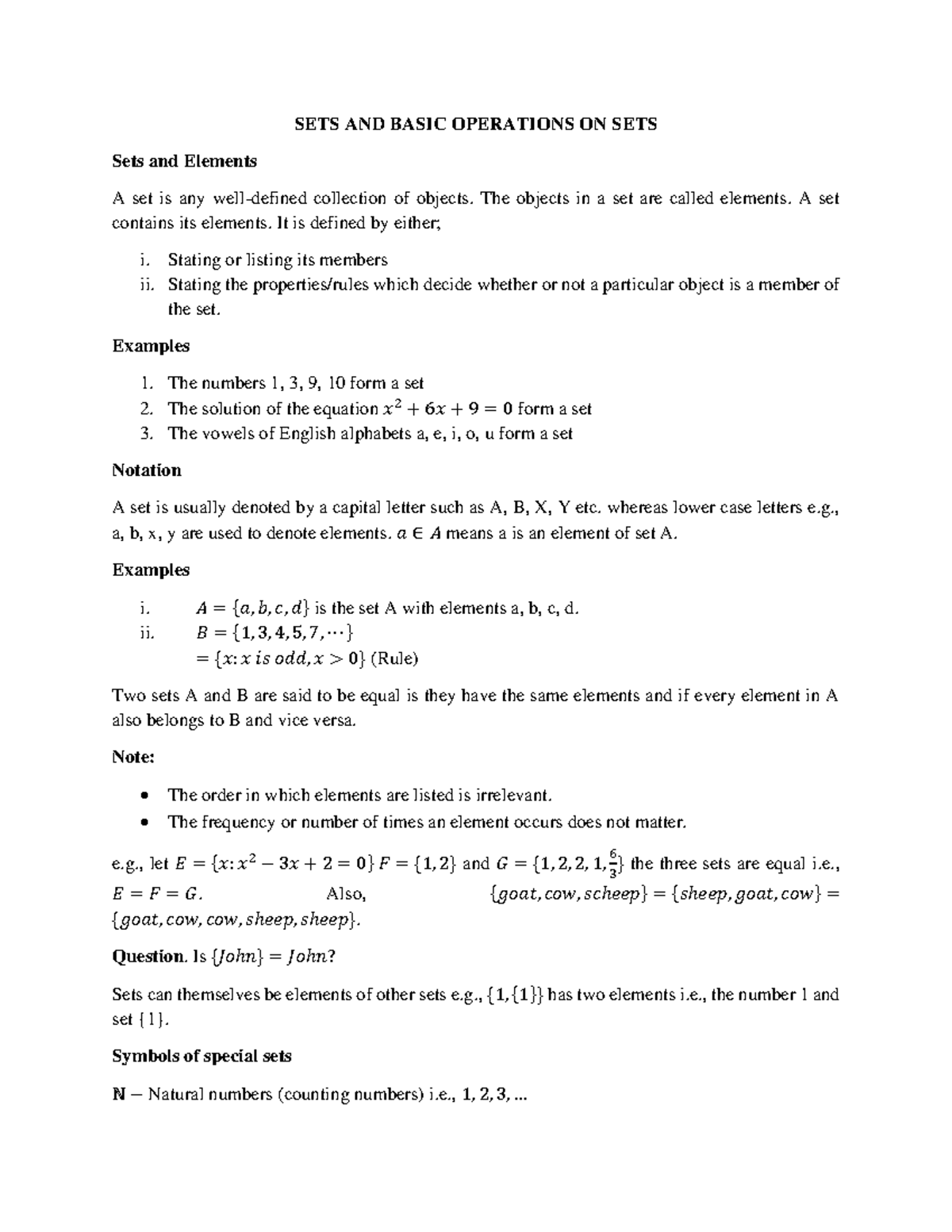 SETS AND Basic Operations ON SETS-1 - SETS AND BASIC OPERATIONS ON SETS ...