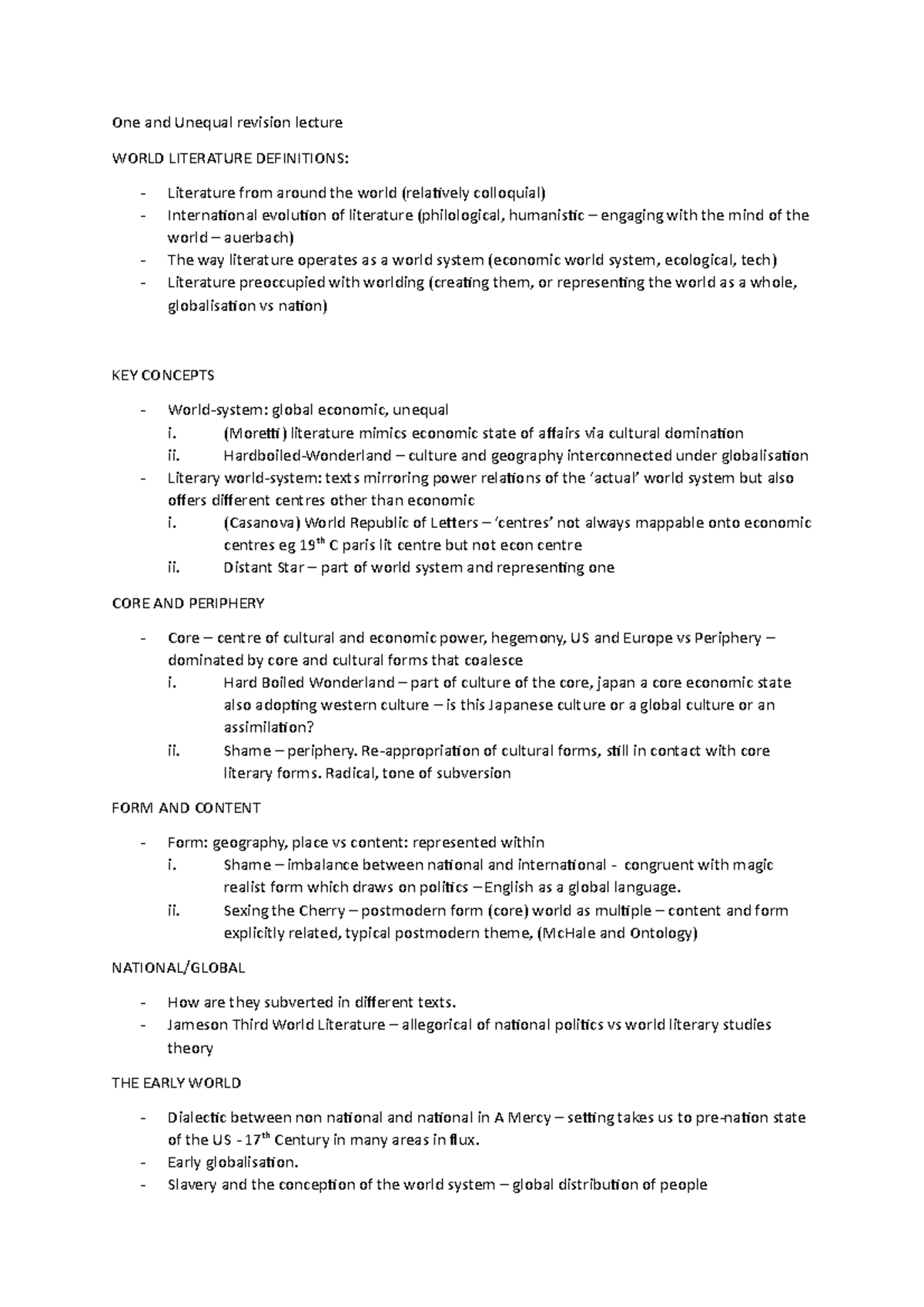Overview lecture notes - One and Unequal revision lecture WORLD ...