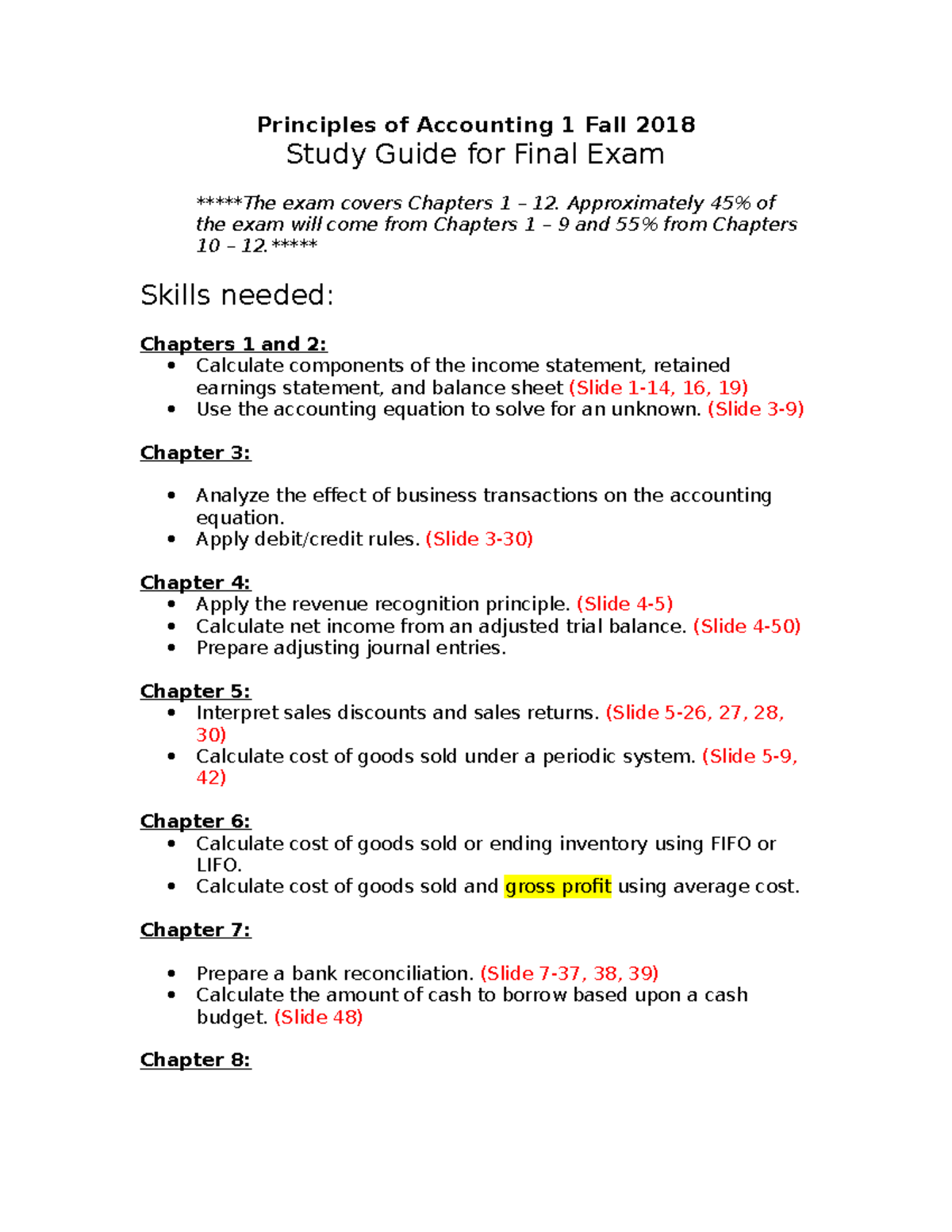 Study Guide Final Exam Fall 2018 - Principles of Accounting 1 Fall 2018 ...