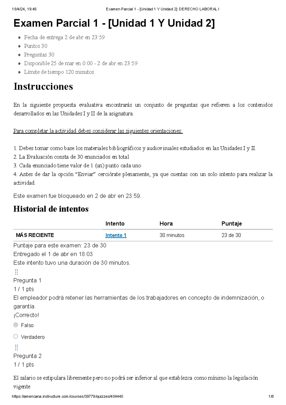 Examen Parcial 1 - [Unidad 1 Y Unidad 2] Derecho Laboral I - Examen ...