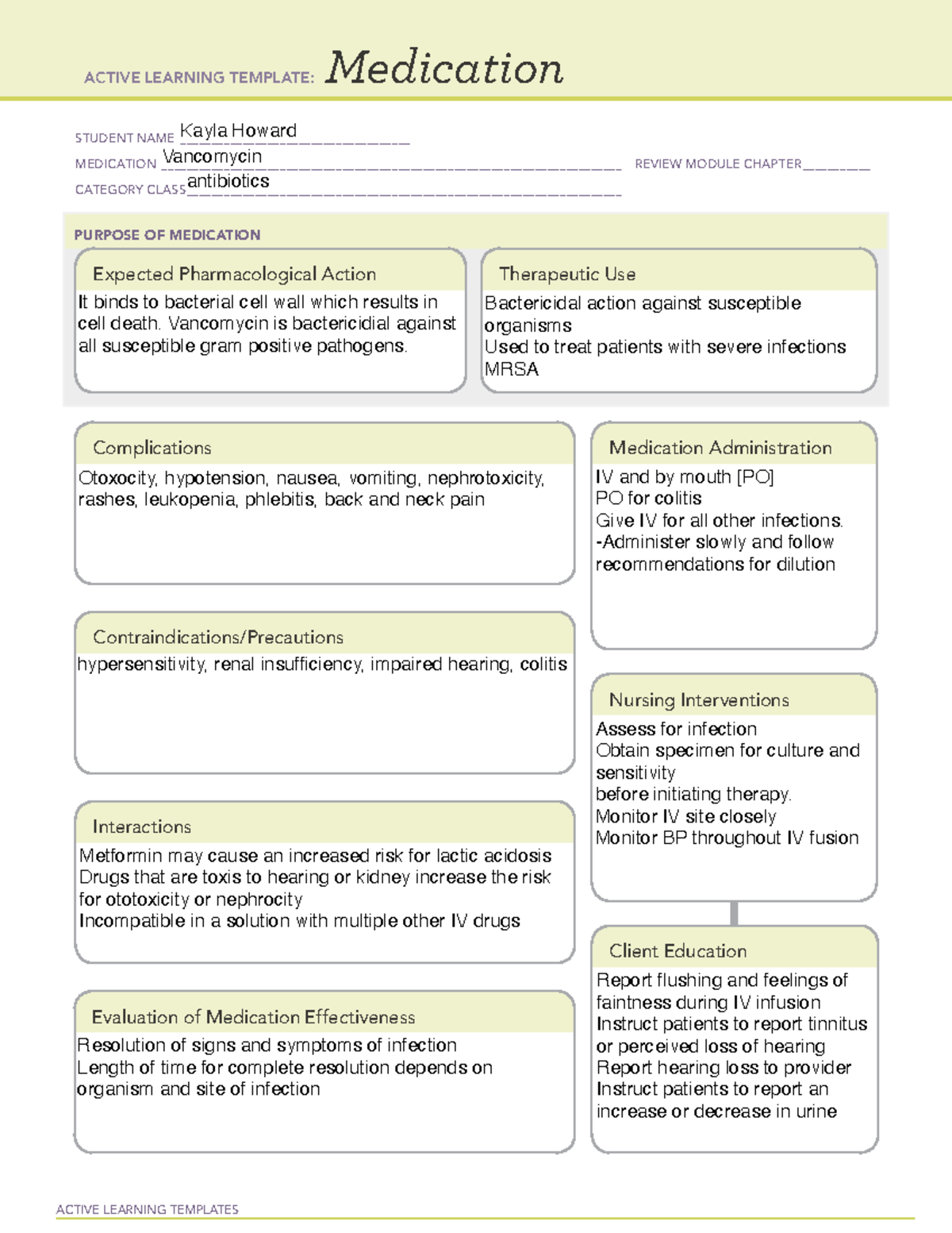 Vancomycin - med sheets - ACTIVE LEARNING TEMPLATES Medication STUDENT ...