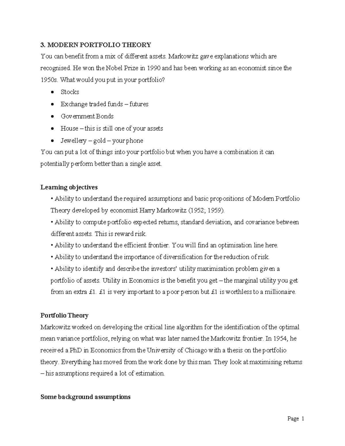 Lecture 3 Notes- Modern Portfolio Theory - 3. MODERN PORTFOLIO THEORY ...