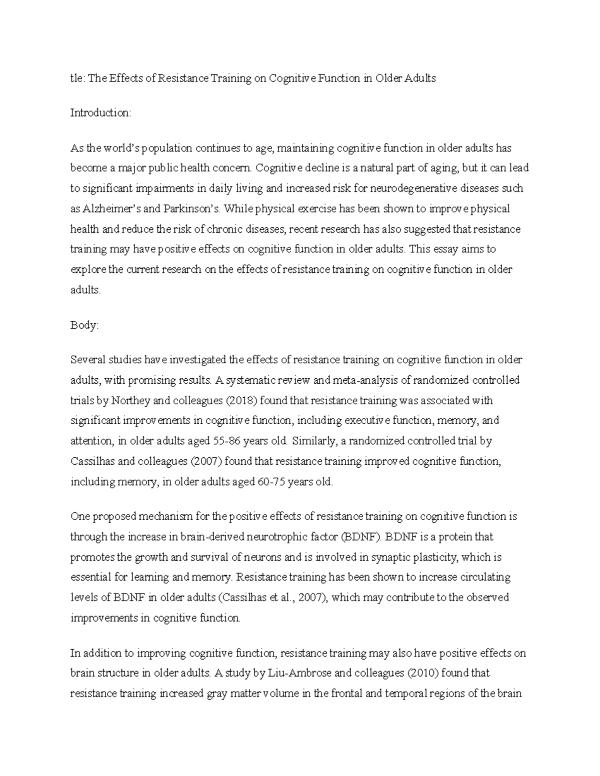 Title The Effects Of Resistance Training On Cognitive Function In Older ...