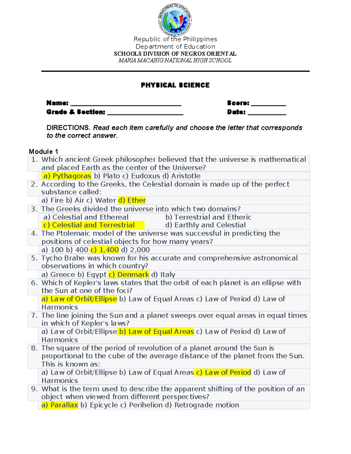 Phy Science Reviewer withansw - Republic of the Philippines Department ...