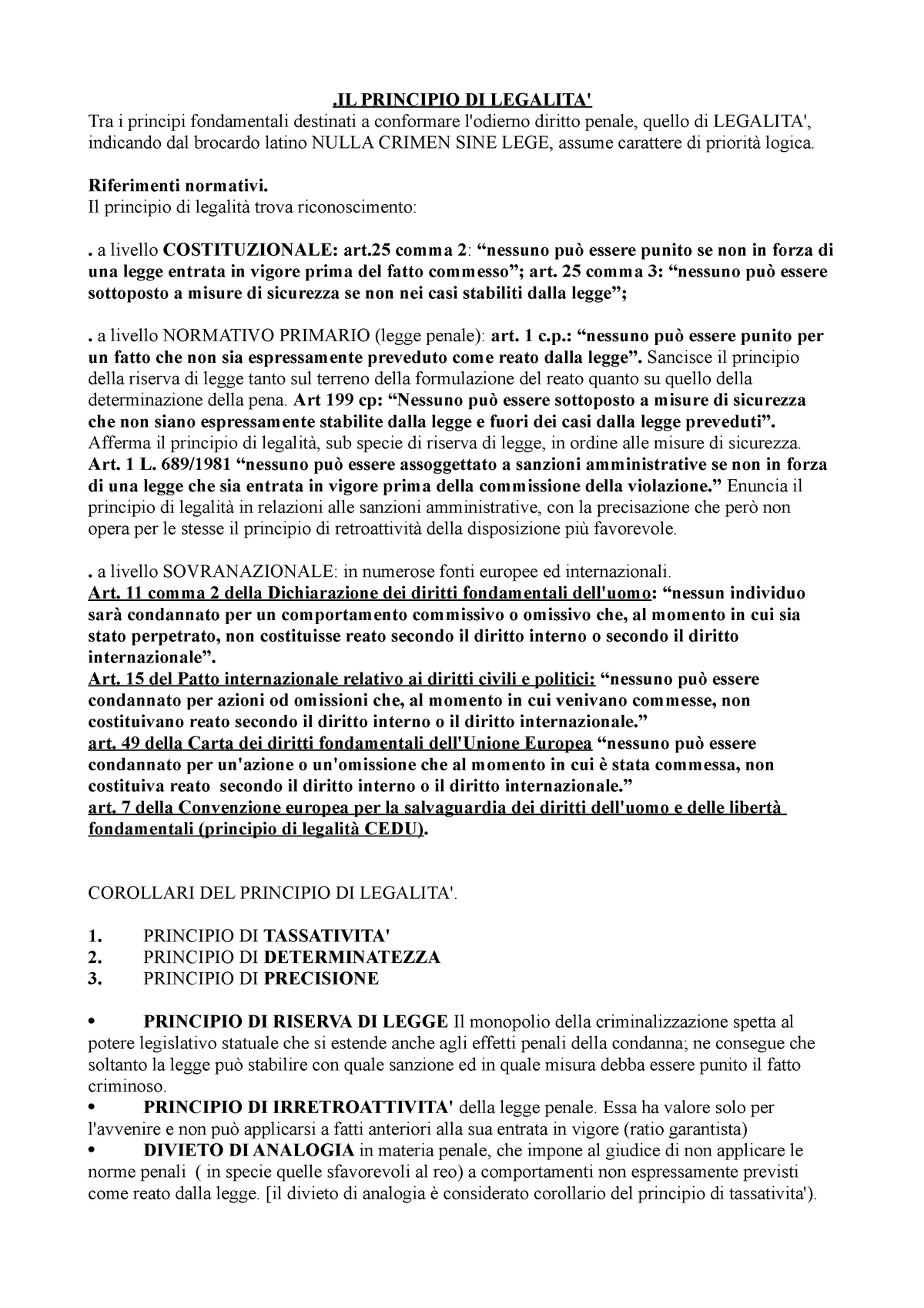 IL Principio DI Legalita - .IL PRINCIPIO DI LEGALITA' Tra i principi  fondamentali destinati a - Studocu