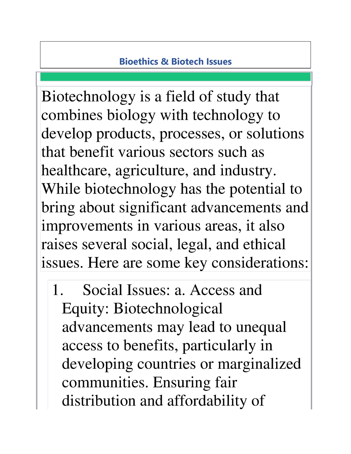 Biotechnology Social, Legal And Ethical Issues 1-5 - Bioethics ...