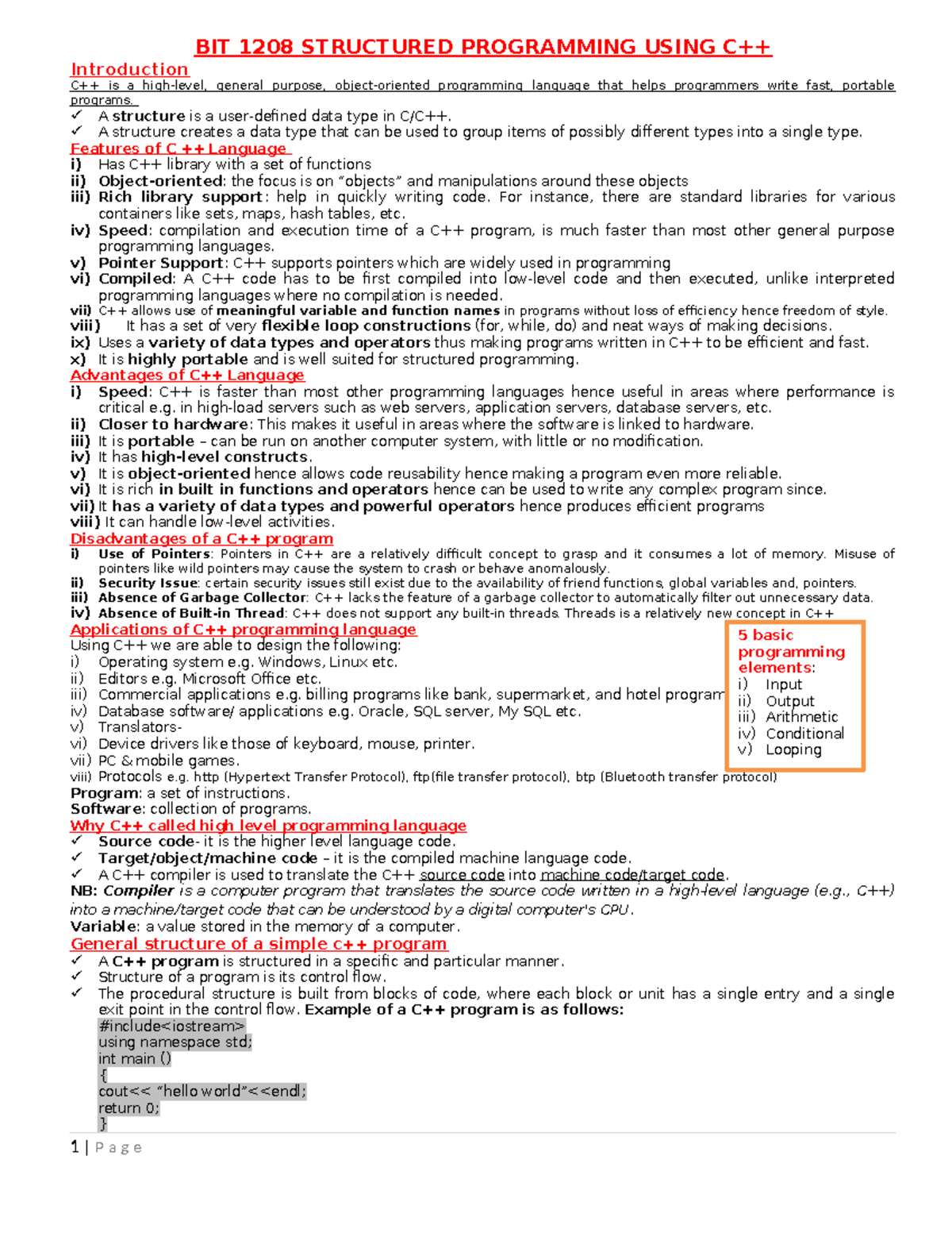 BIT 1208 Structured Programming Using C ++ Notes TO Print - BIT 1208 ...
